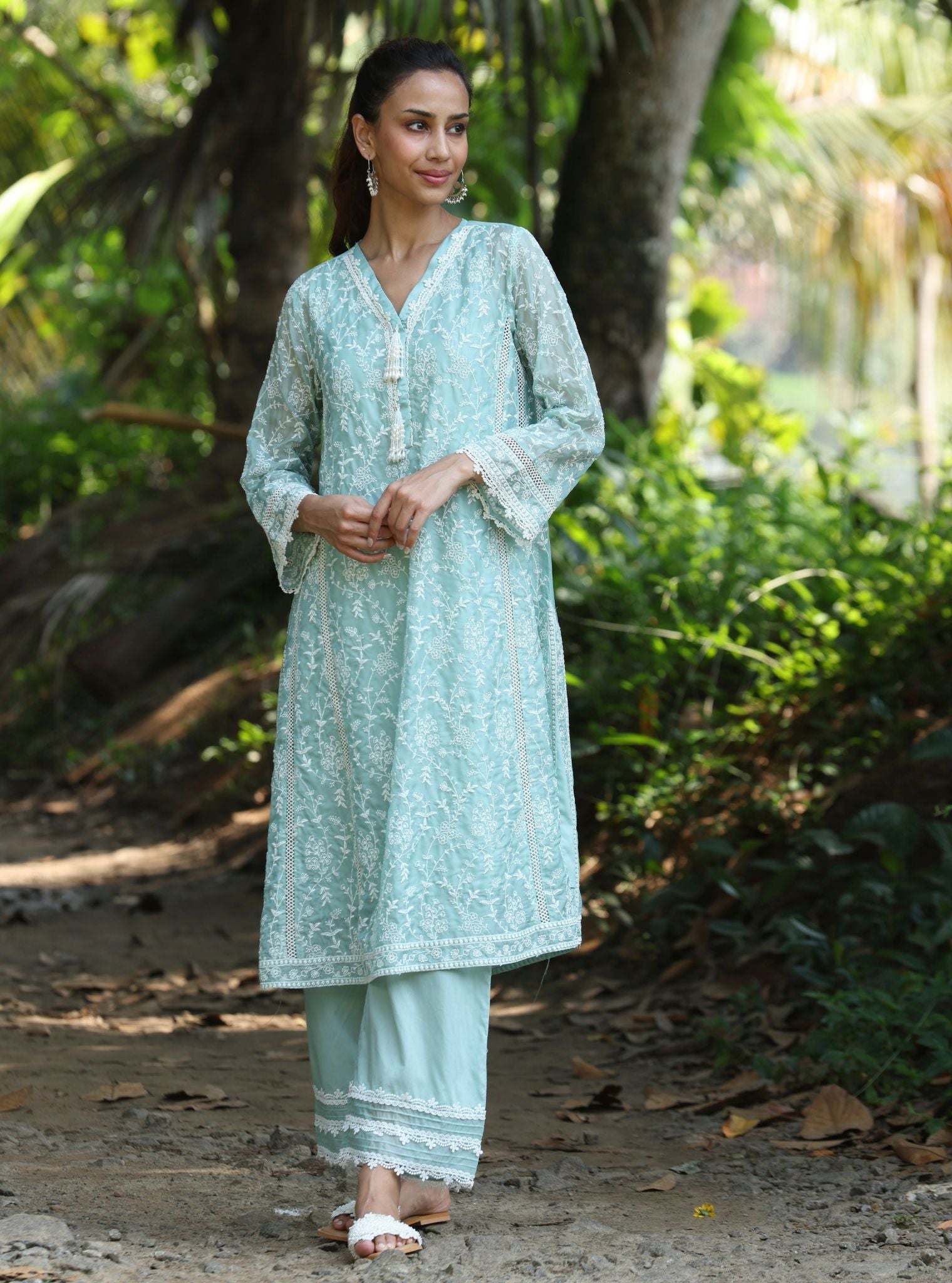 Mulmul Organza Caara Teal Blue Kurta With Mulmul Cotton Caara Teal Blue Pant