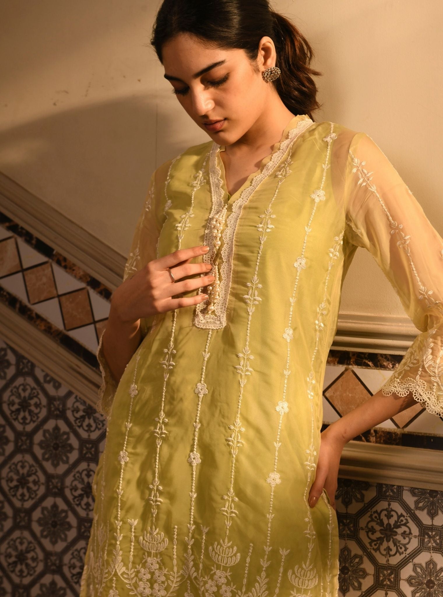 Mulmul Organza Nima Lime Kurta With Mulmul Cotton Nima Lime Pant