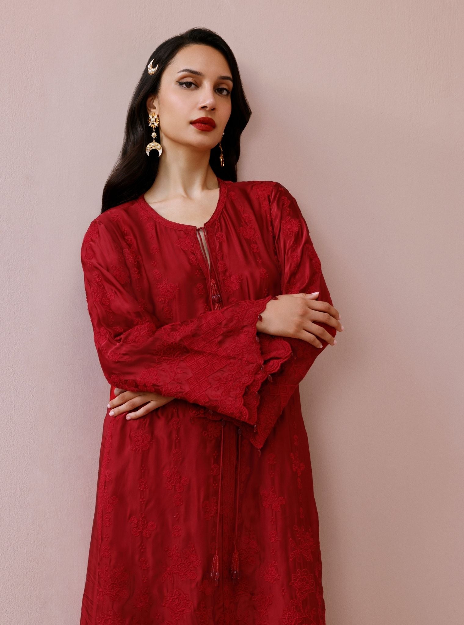Arlette Cupro Satin Red Long Kaftan Set