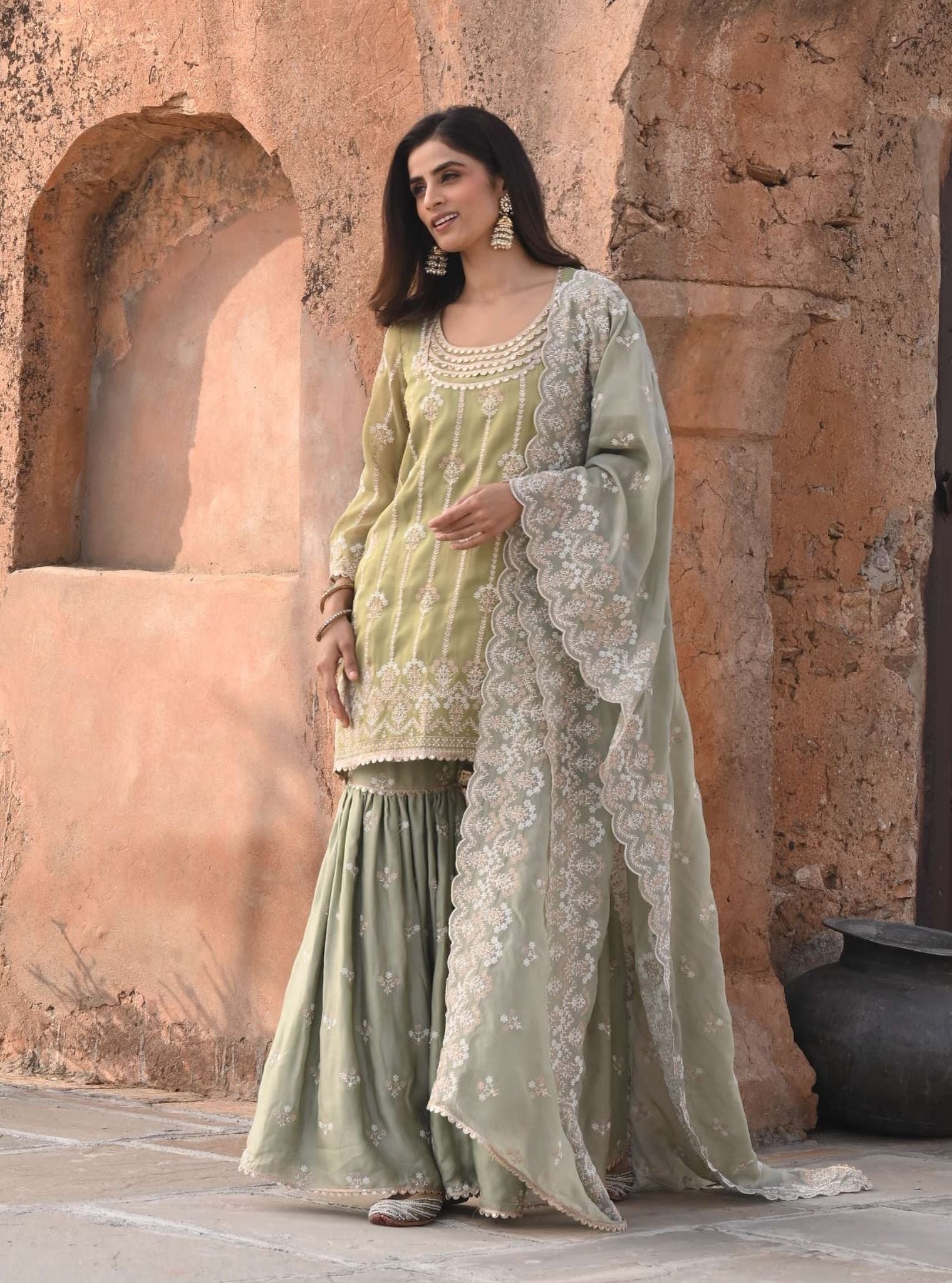 Mulmul Luxe Tissue Heer Sage Green Kurta with Mulmul Organza Satin Heer Sage Green Garara