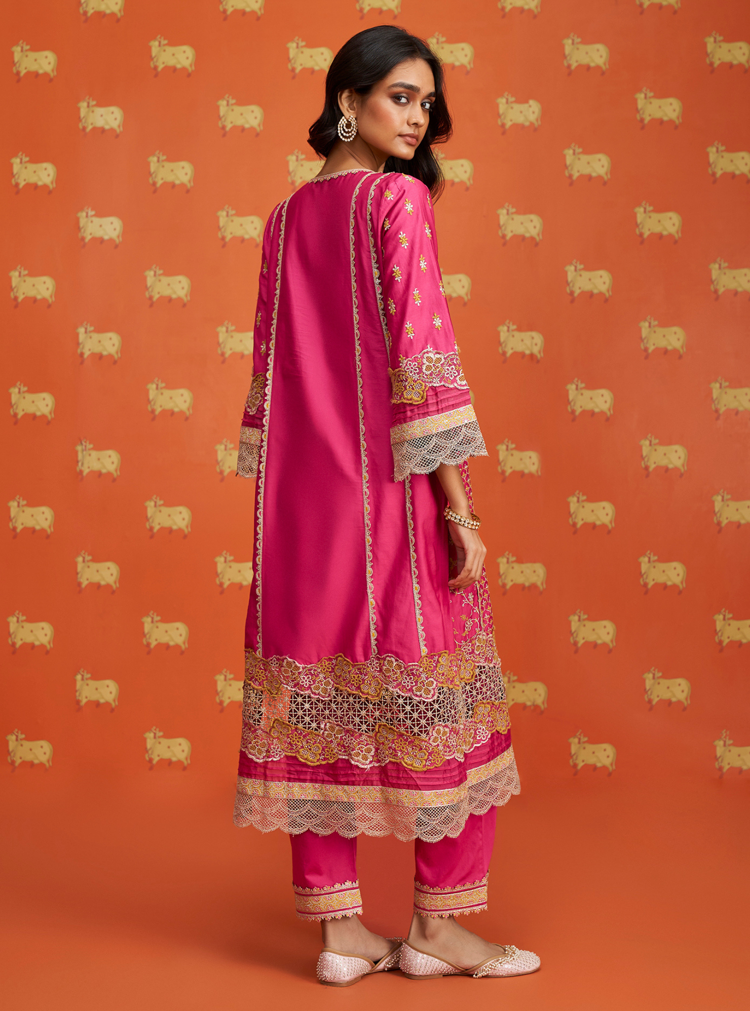 Mulmul Pima Satin Anchali Fuschia Kurta With Mulmul Pima Satin Anchali Fuschia Pant