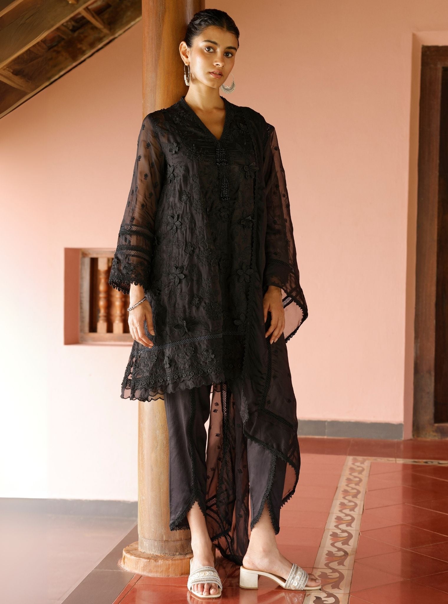 Mulmul Organza Uma Black Kurta With Mulmul Cotton Uma Black Dhoti Pant