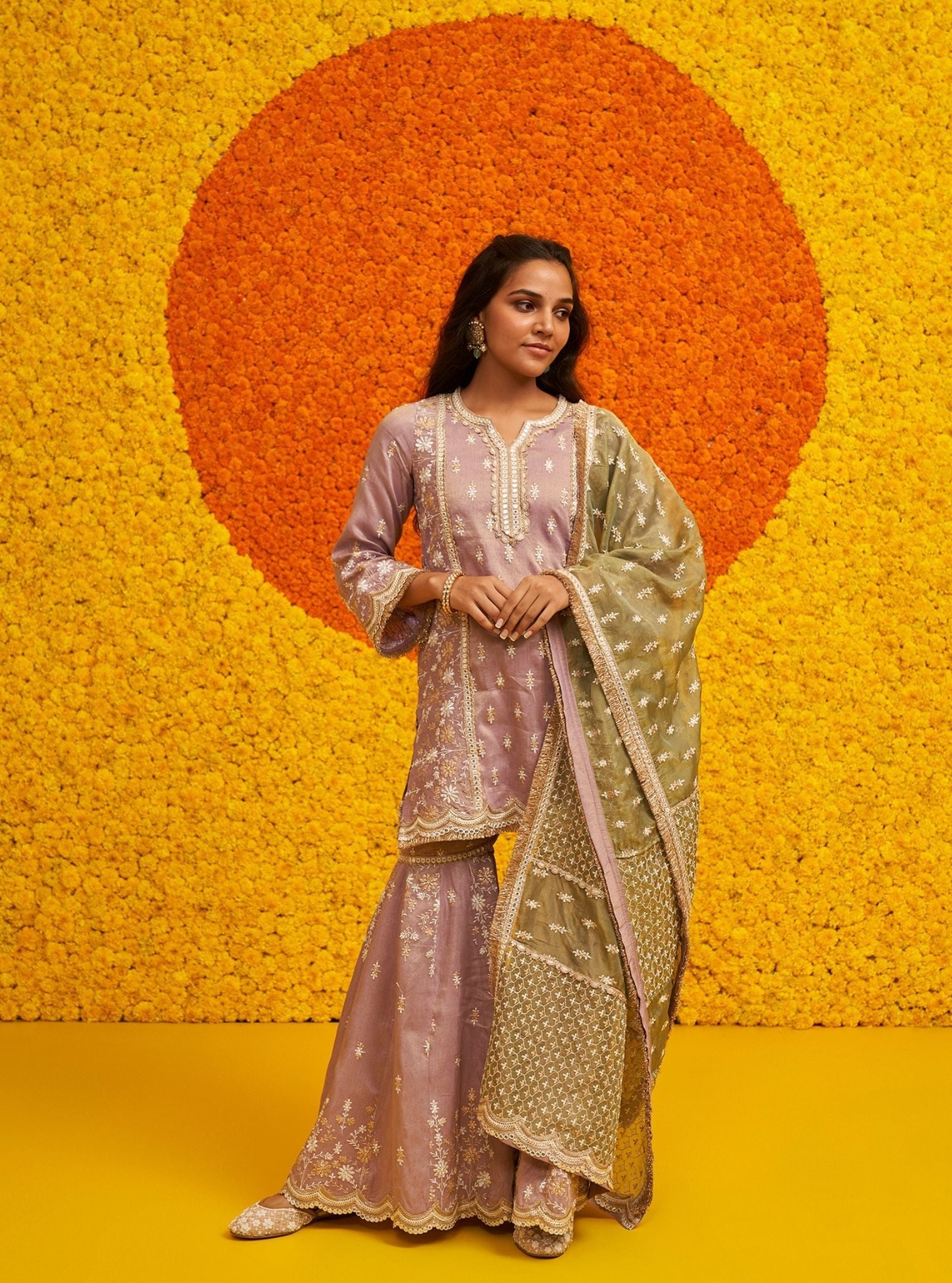 Mulmul Tissue Linen Satin Satranga Lilac Kurta With Mulmul Tissue Linen Satin Satranga Lilac Pant