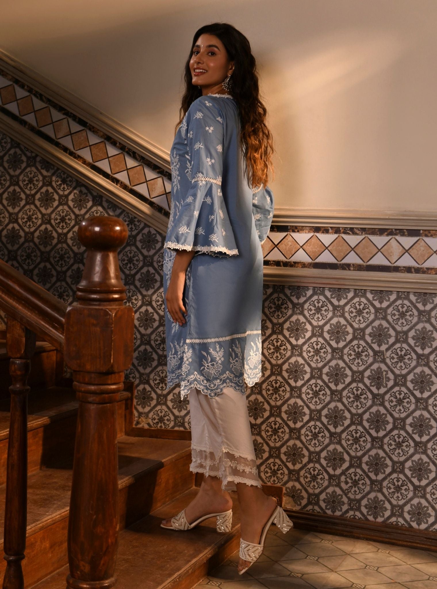 Mulmul Cotton Anisa denim Kurta With Mulmul Cotton Round Hem Organza Panel White Pant