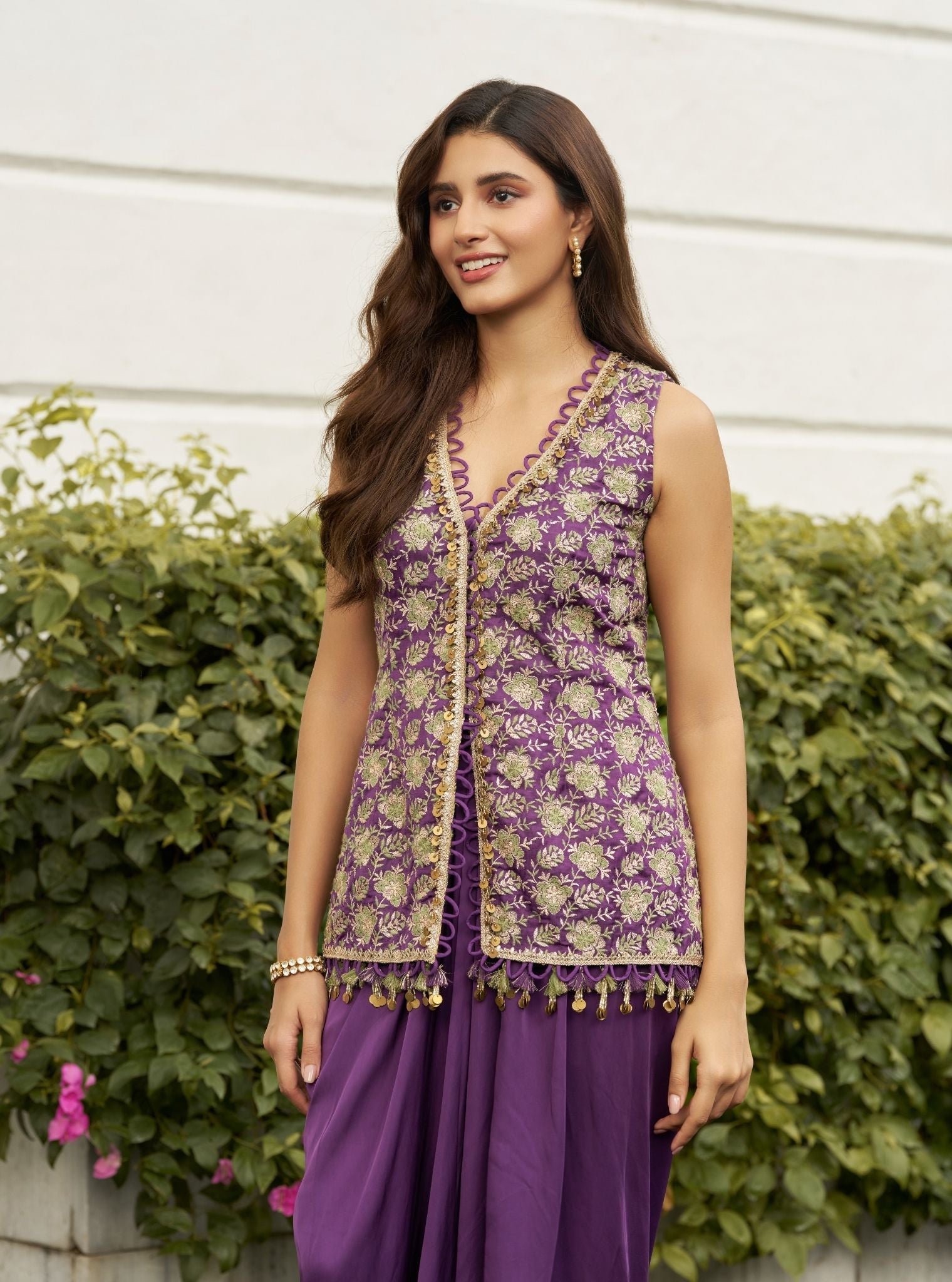 Thumri Linen Satin Purple Jacket Set