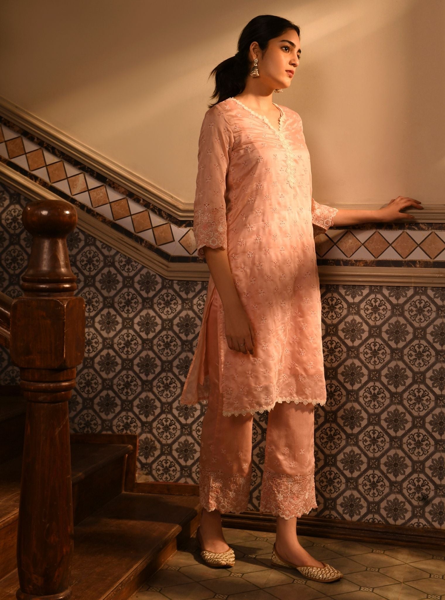 Mulmul Chanderi Ray Pink Kurta With Mulmul Chanderi Ray Pink Pant