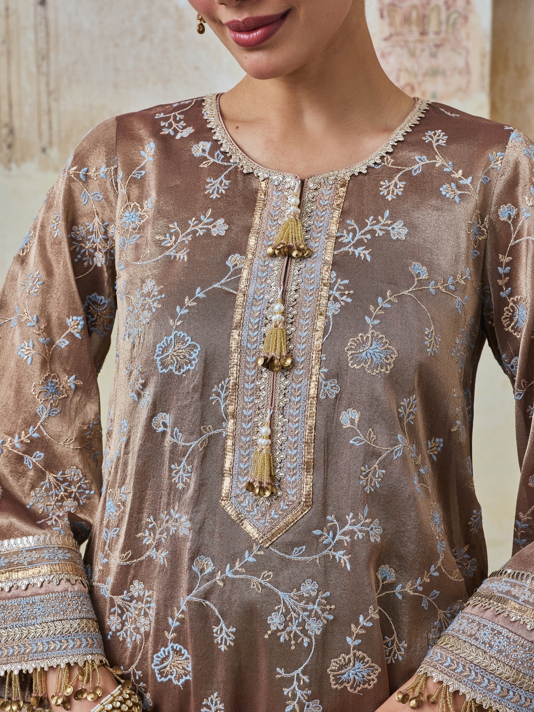 Odhira Tissue Organza Brown & Pink Kurta Set