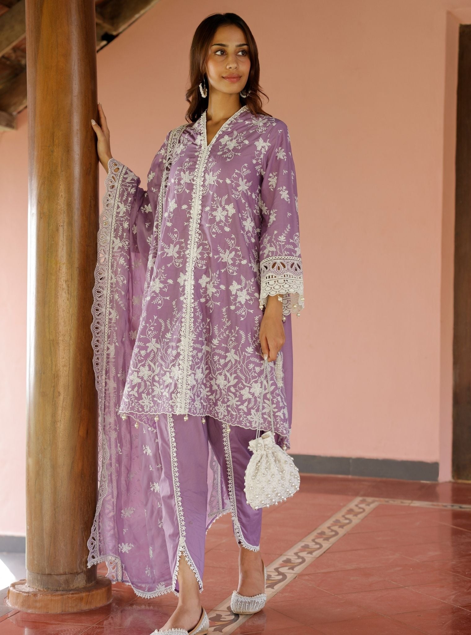 Mulmul Cotton Aalaya Violet Kurta With Mulmul Cotton Aalaya Violet Dhoti Pant