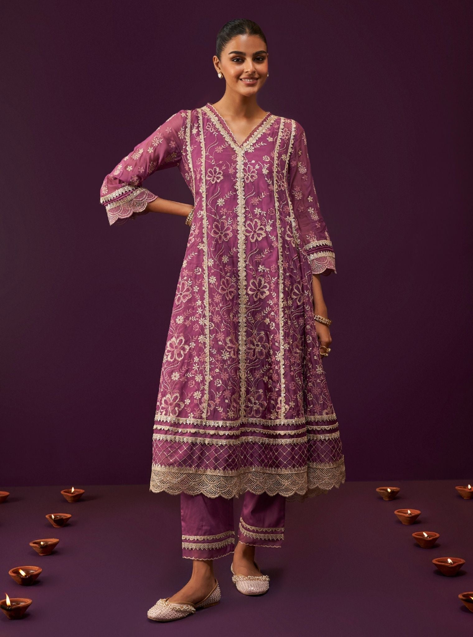 Mulmul Organza Sirikit Grape Anarkali Kurta With Mulmul Pima Satin Sirikit Grape Pant