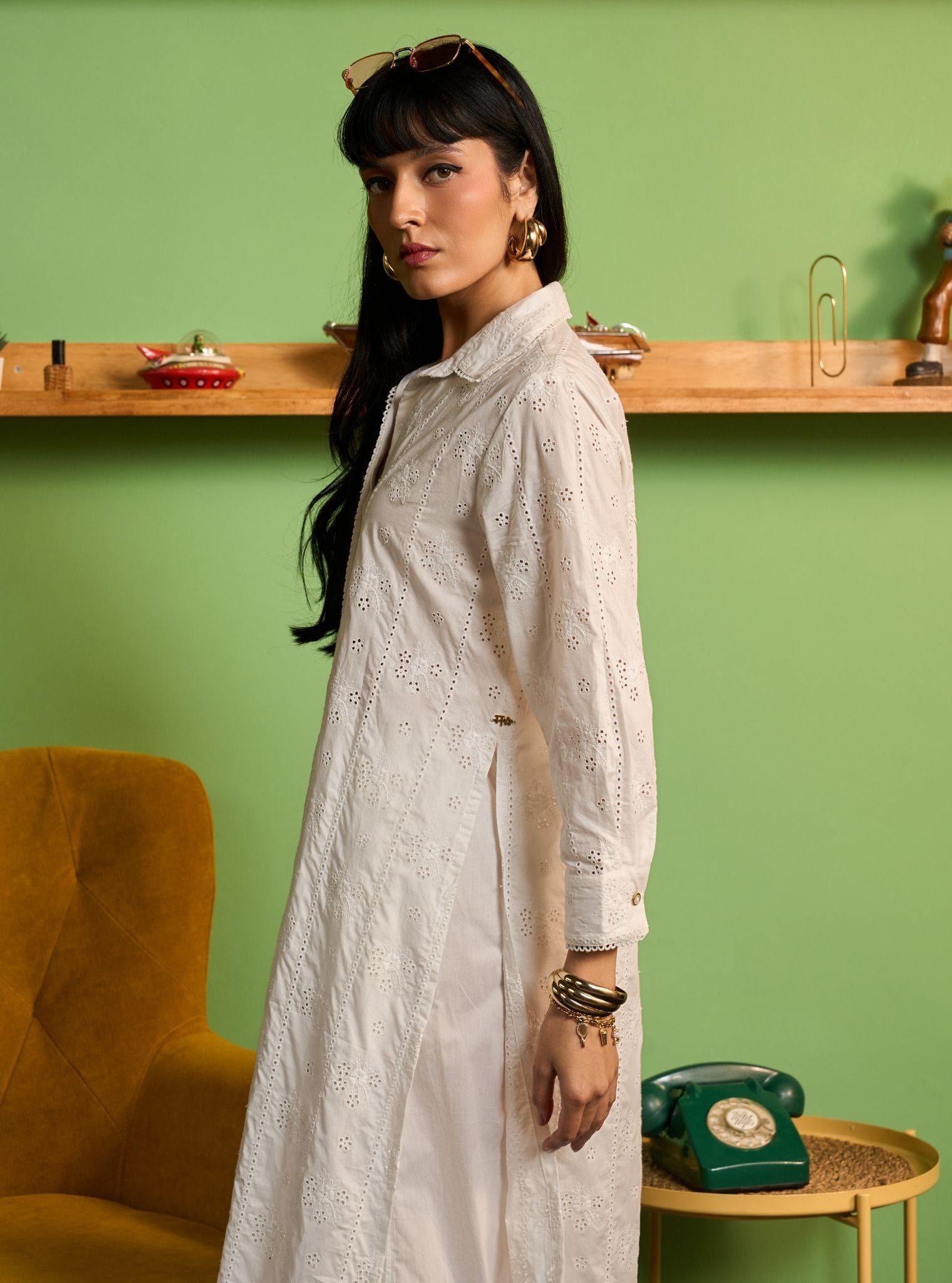 Zareenah Supima Cotton White Long Shirt Co-ord Set