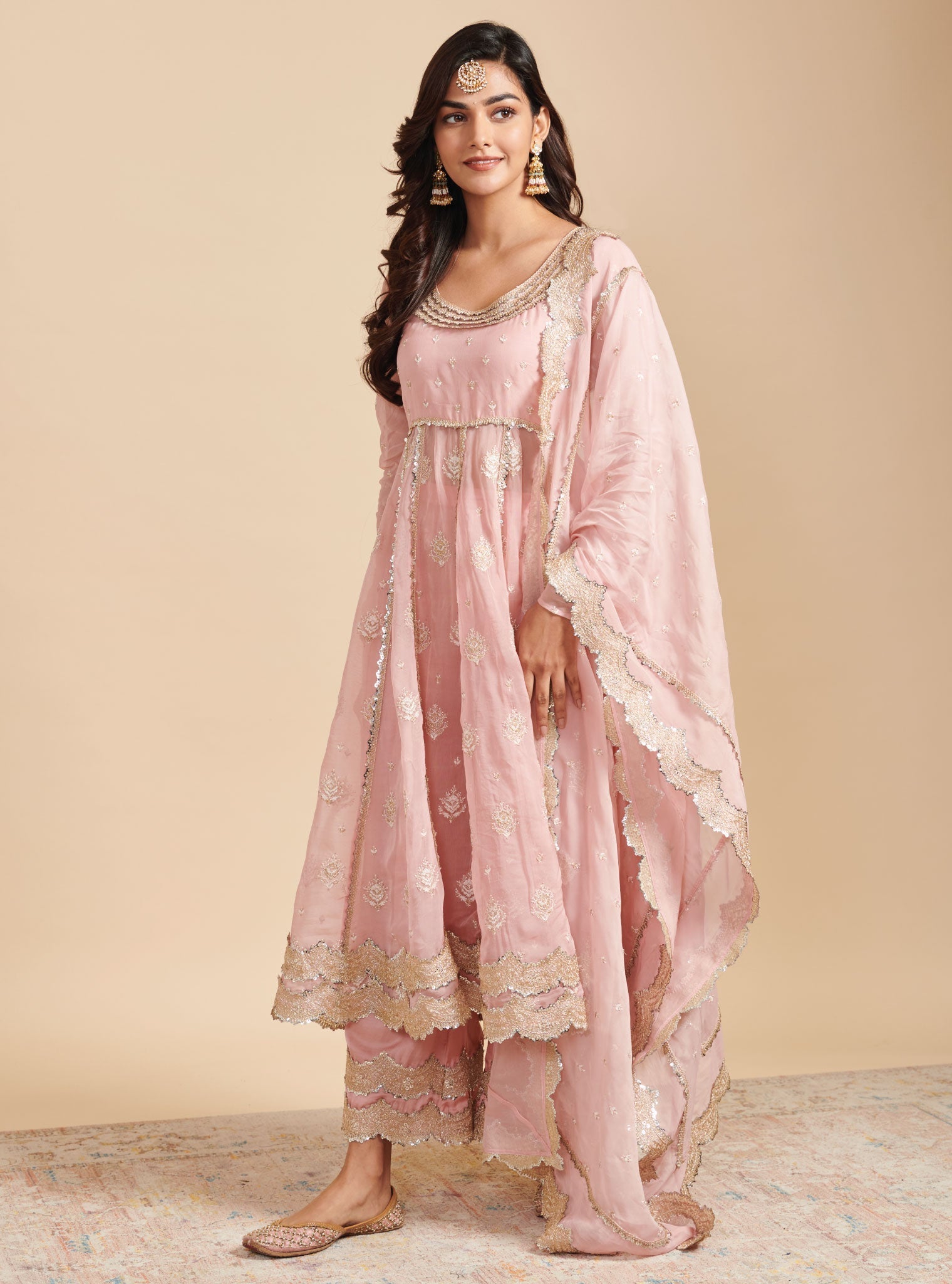 Mulmul Organza Gulabo Pink Anarkali Kurta With Mulmul Cupro Gulabo Pink pant