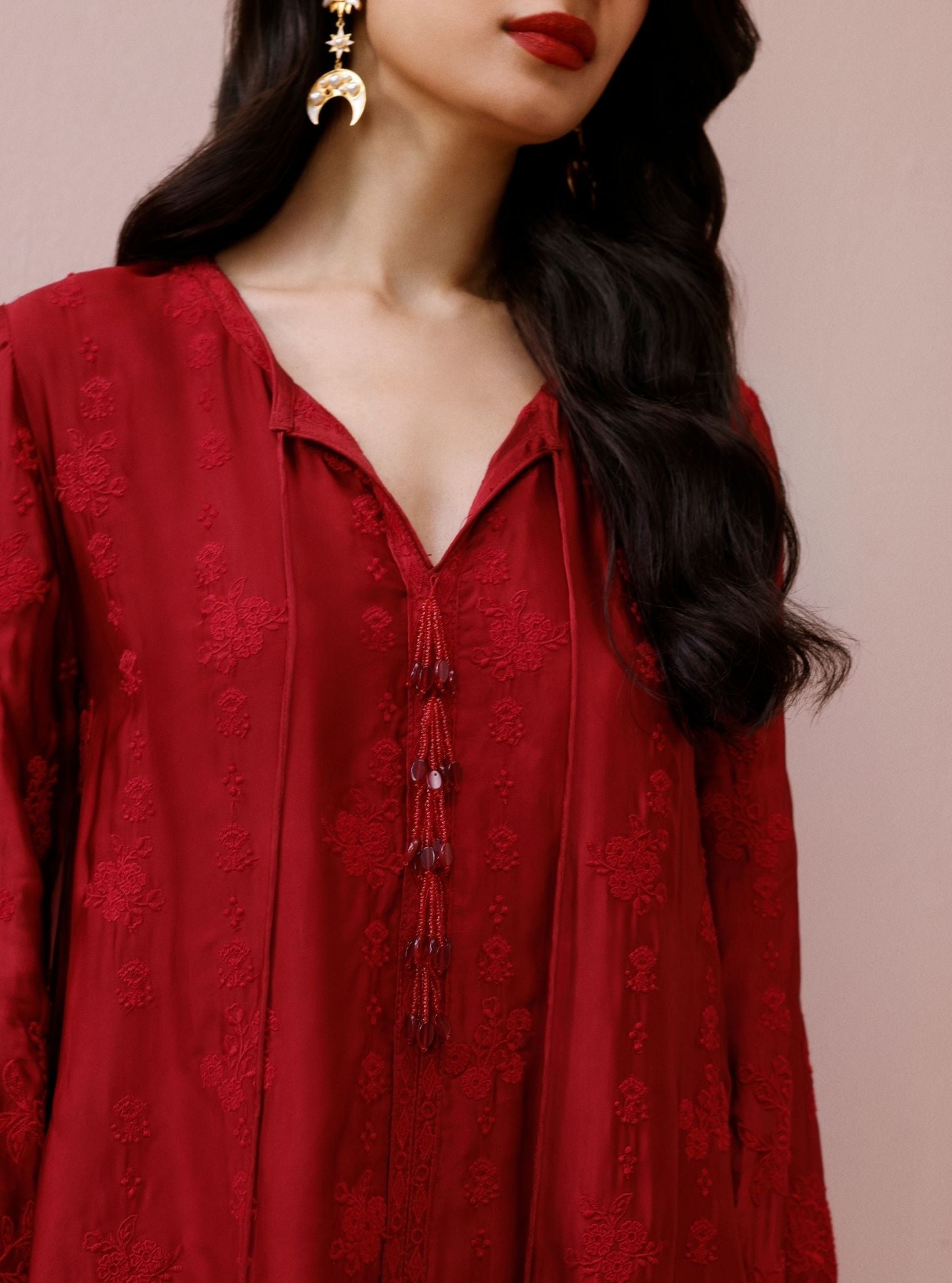 Arlette Cupro Satin Red Long Kaftan Set