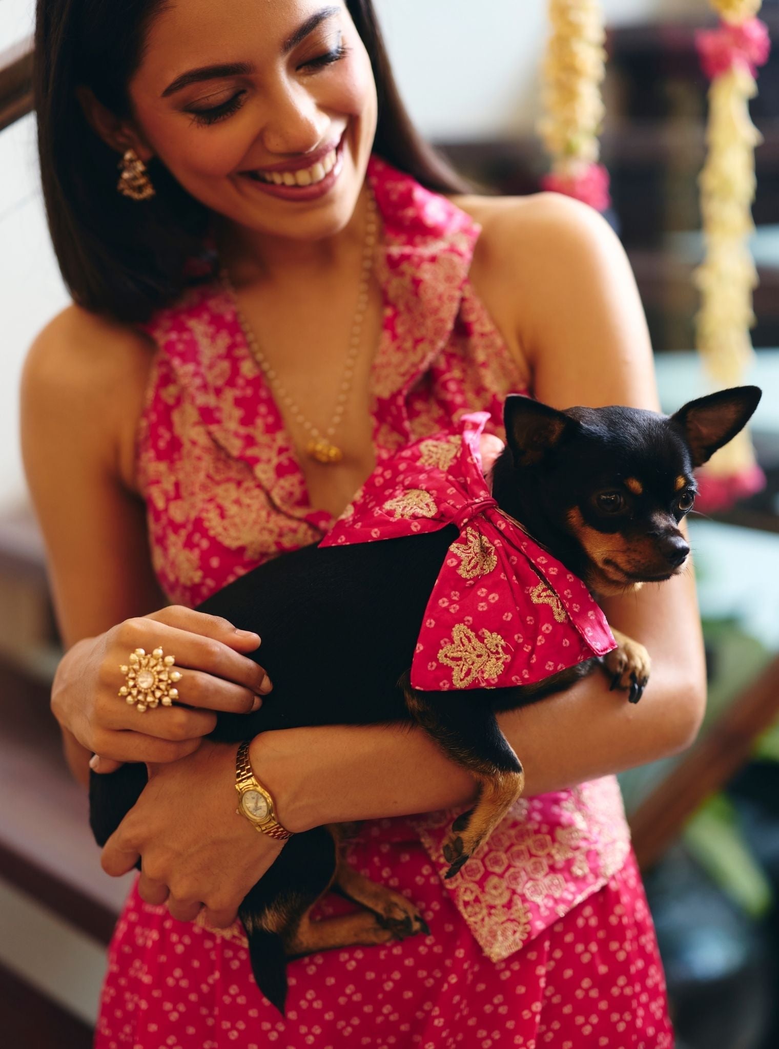 Kuhu Cupro Satin Printed Fuchsia Waistcoat with Wide Pleated Pants