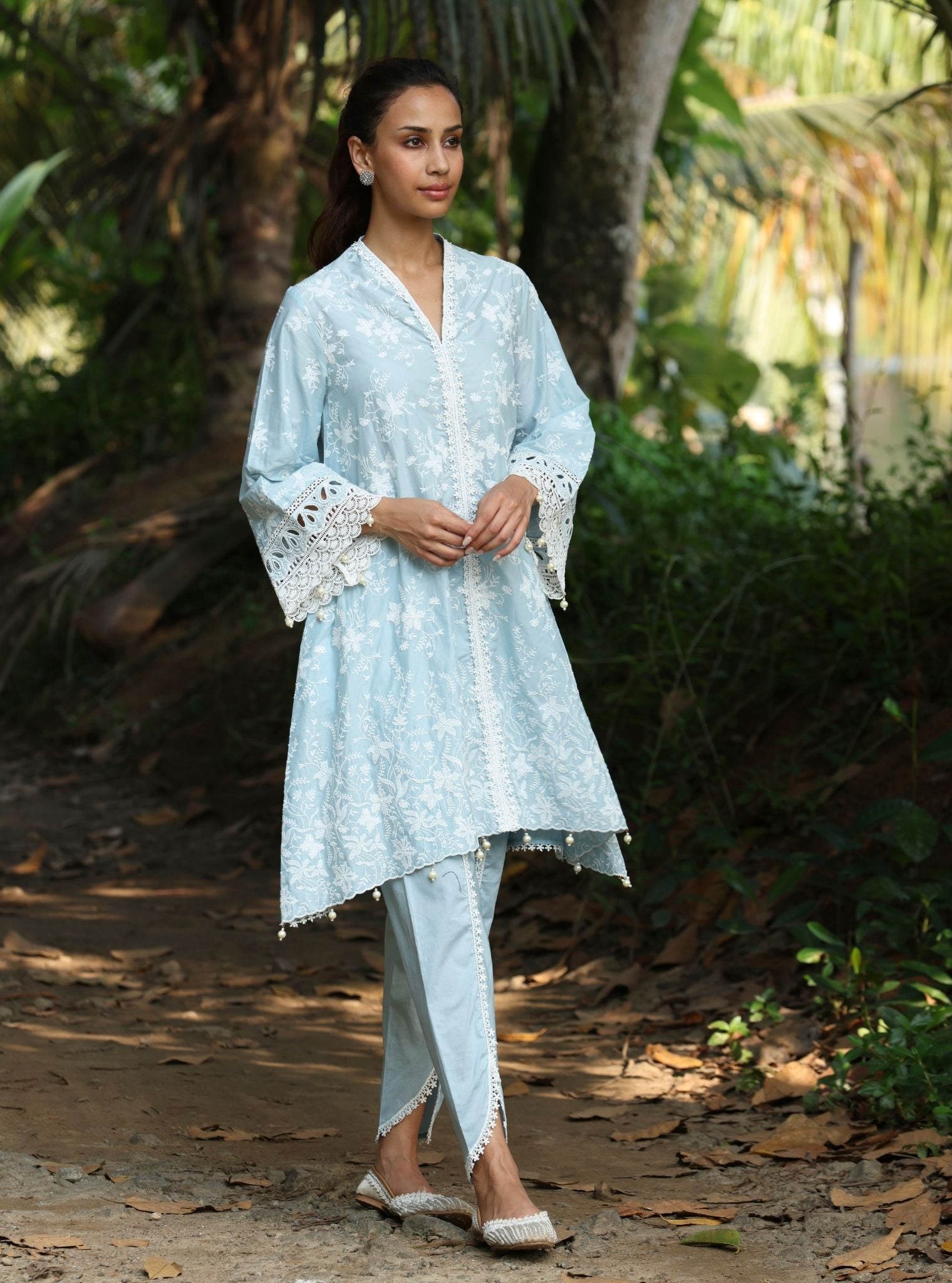 Mulmul Cotton Aalaya Blue Kurta With Mulmul Cotton Aalaya Blue Dhoti Pant