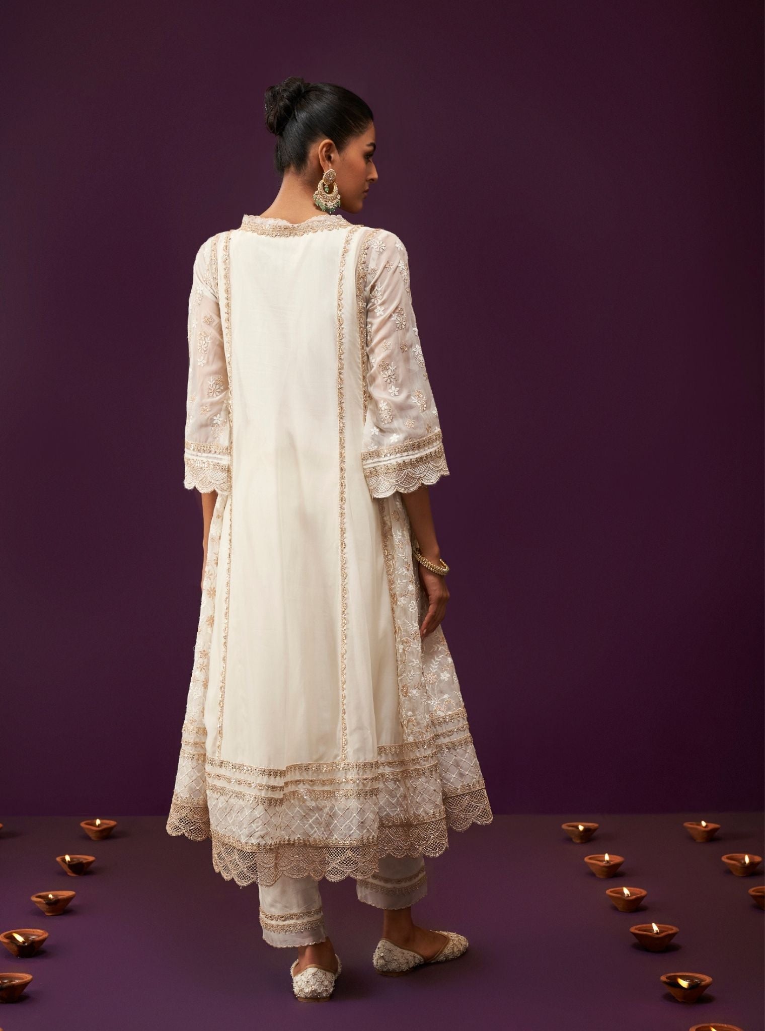 Mulmul Organza Sirikit Off White Anarkali Kurta With Mulmul Pima Satin Sirikit Off White Pant