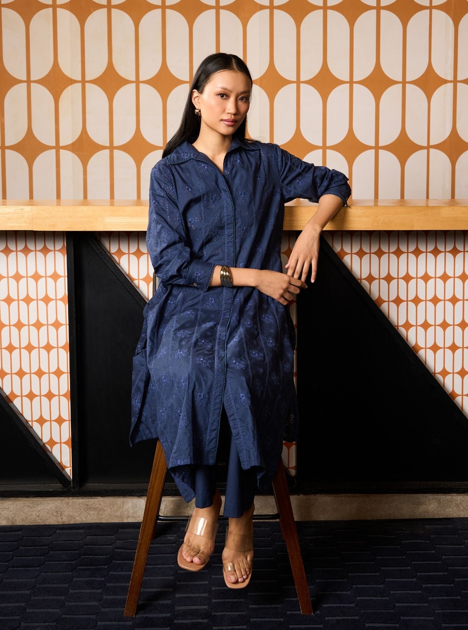 Zareenah Supima Cotton Navy Long Shirt Co-ord Set