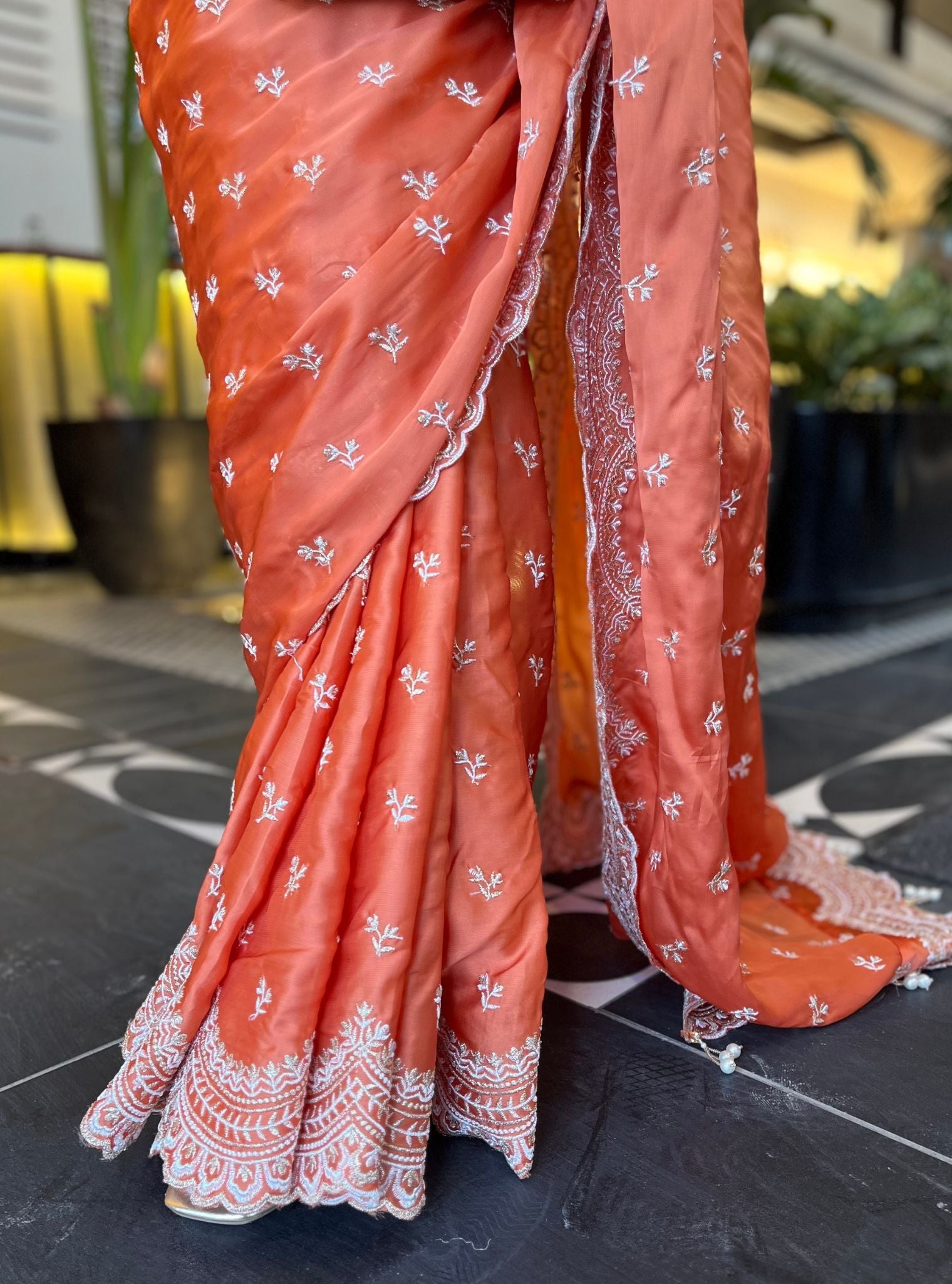 Mulmul Organza Satin Bindiya Orange Saree