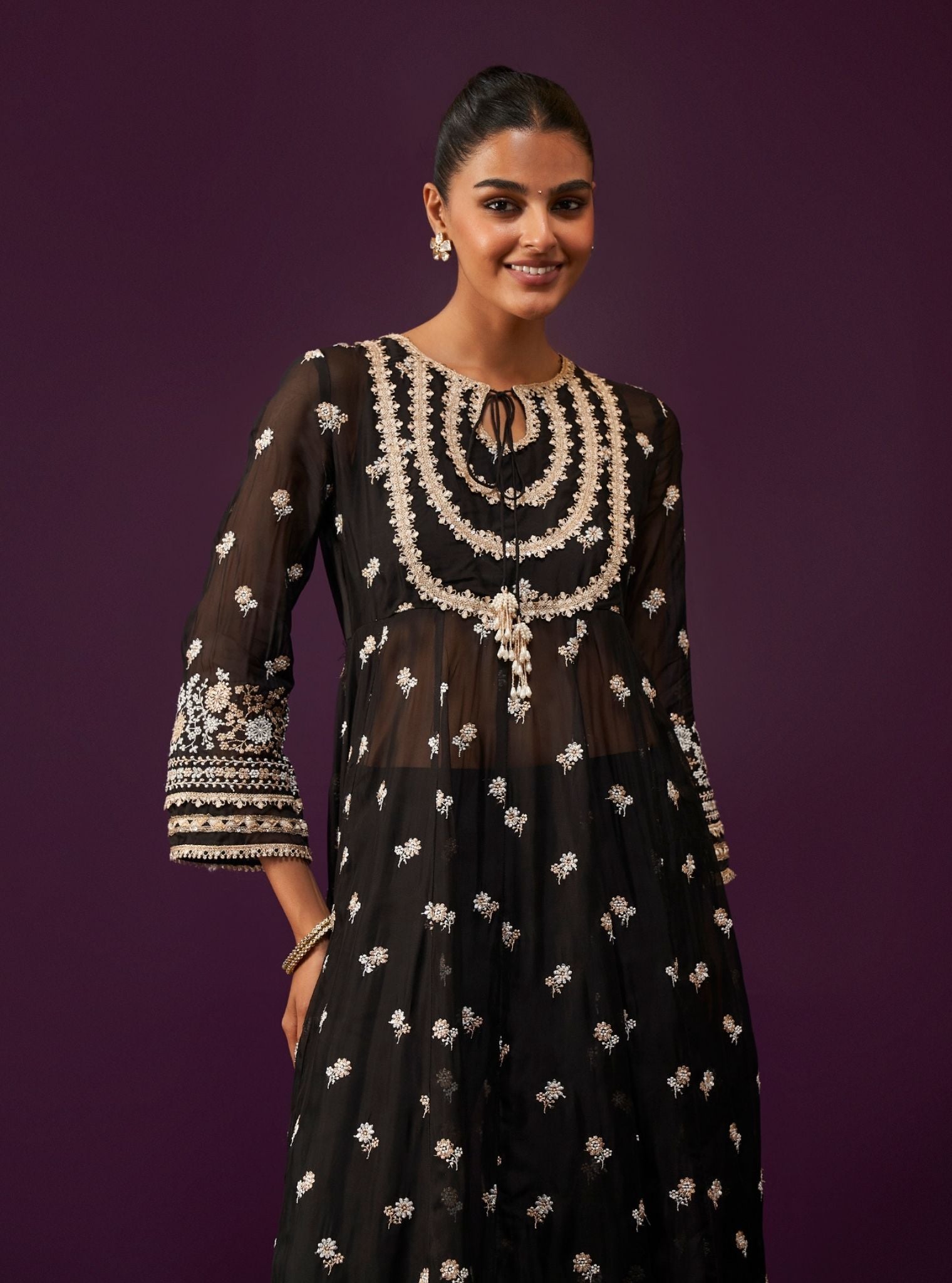 Mulmul Organza Sumalee Black Anarkali Kurta With Mulmul Pima Satin Sumalee Black Pant