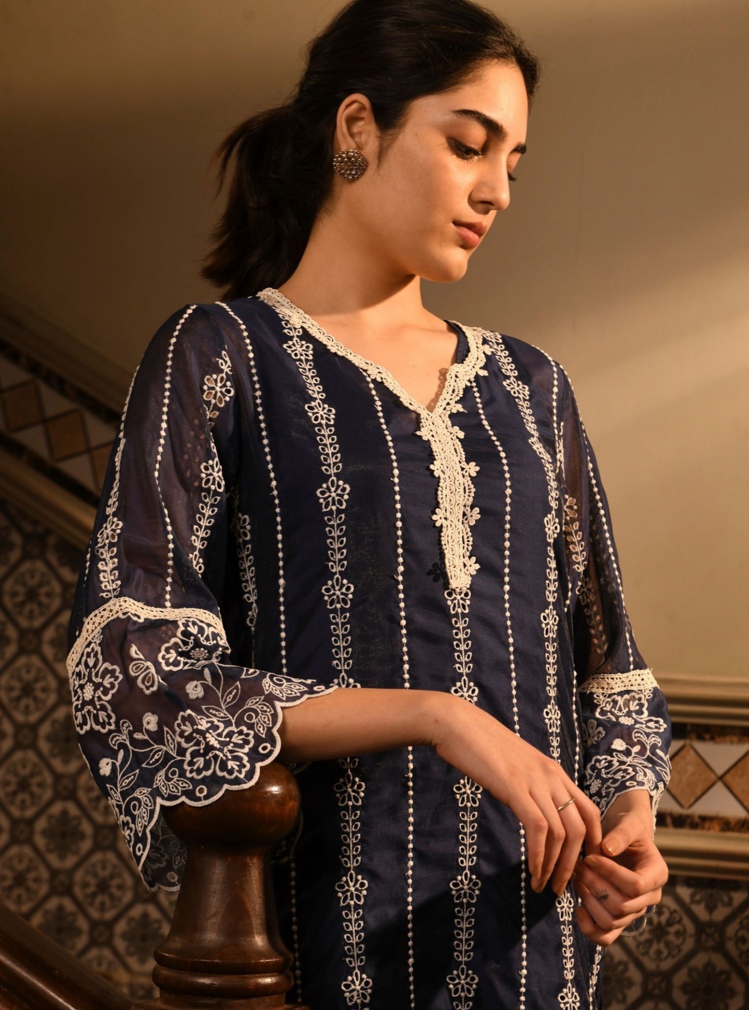 Mulmul Chanderi Reef Navy Kurta With Mulmul Cotton Reef Navy Pant