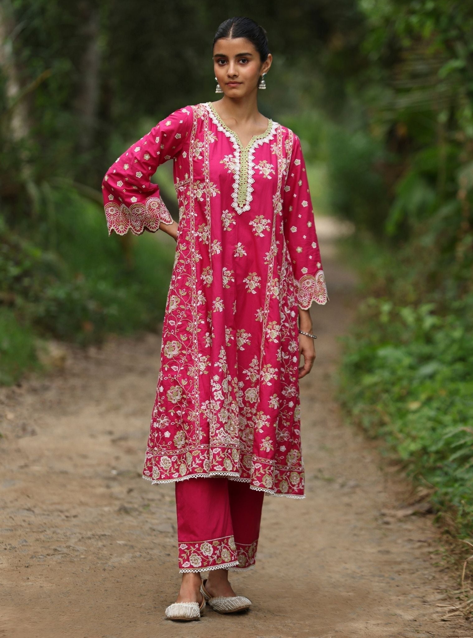 Mulmul Cotton Aavya Fuschia Anarkali Kurta With Mulmul Cotton Aavya Fuschia Pant