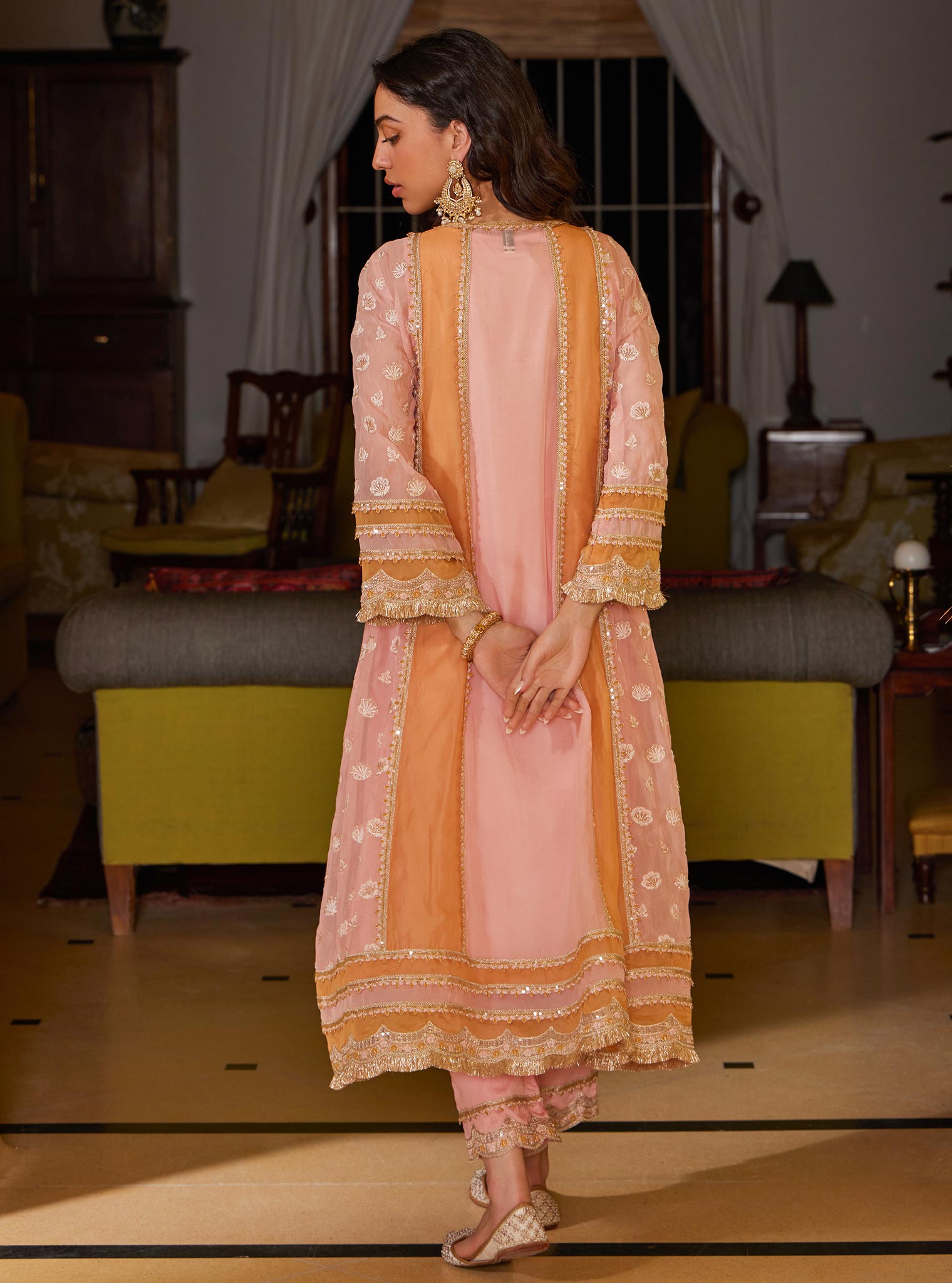 Mulmul Organza Panya Anarkali Pink Kurta with Mulmul Pima Panya Pink Pant