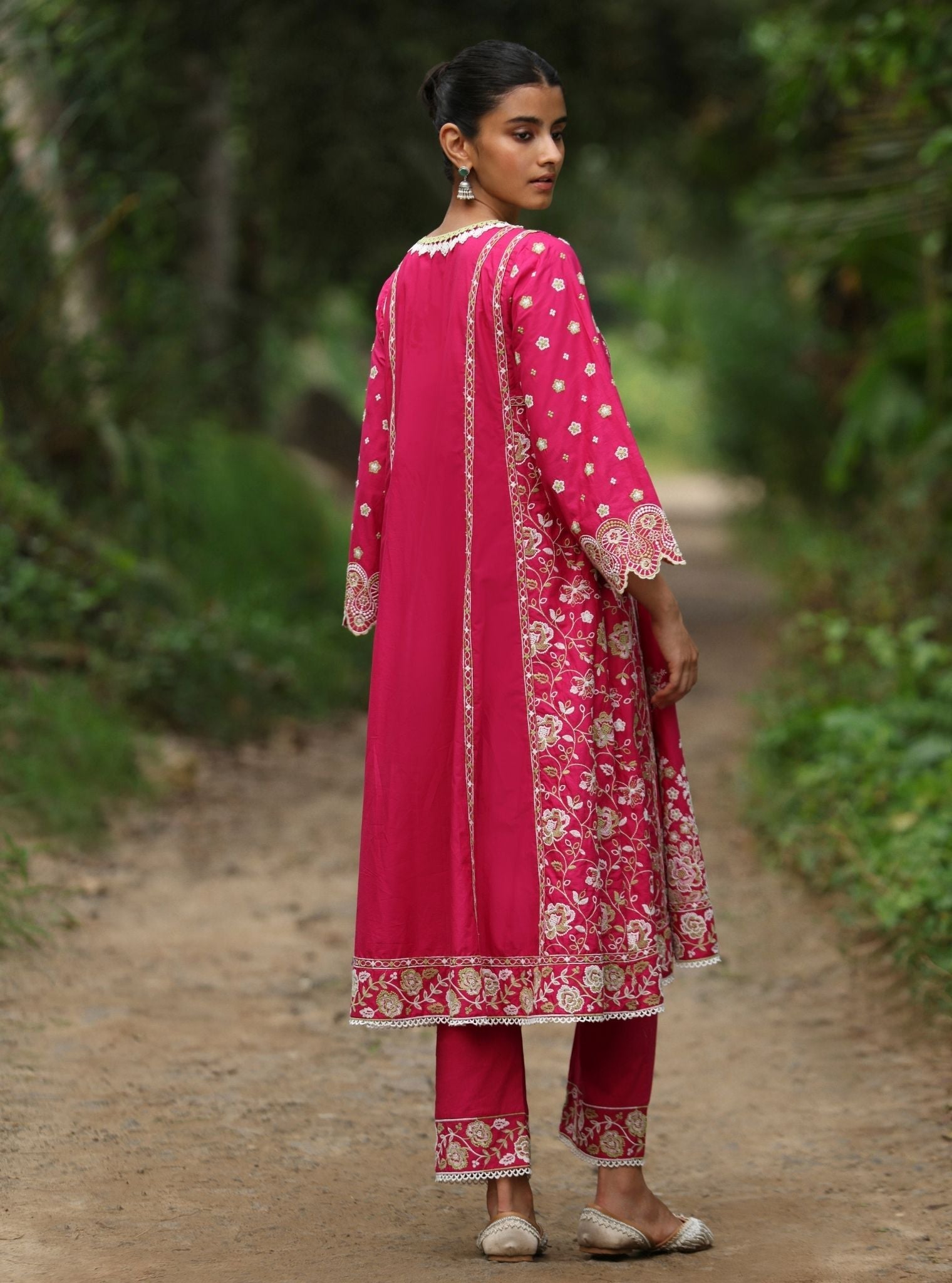 Mulmul Cotton Aavya Fuschia Anarkali Kurta With Mulmul Cotton Aavya Fuschia Pant