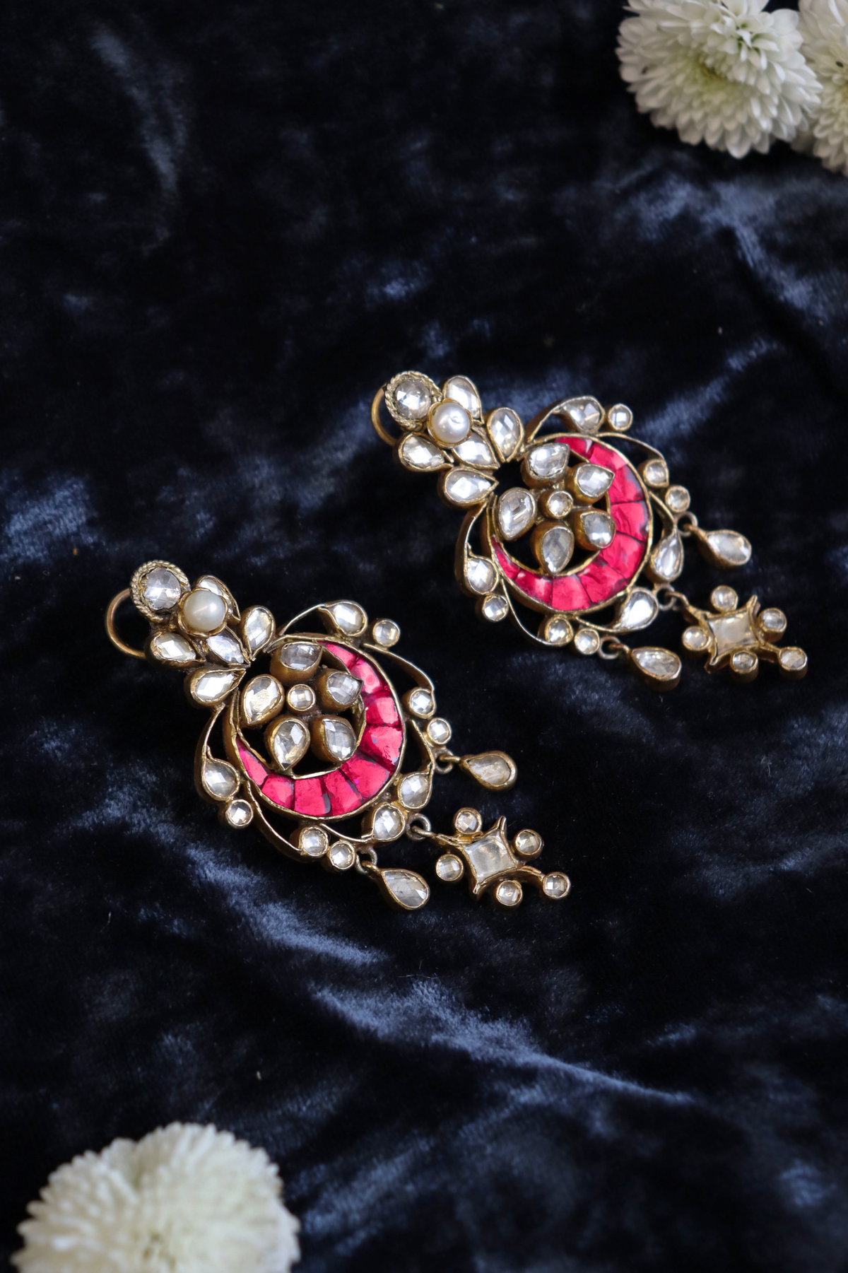 Pure Silver Floral Pink Polki Earrings