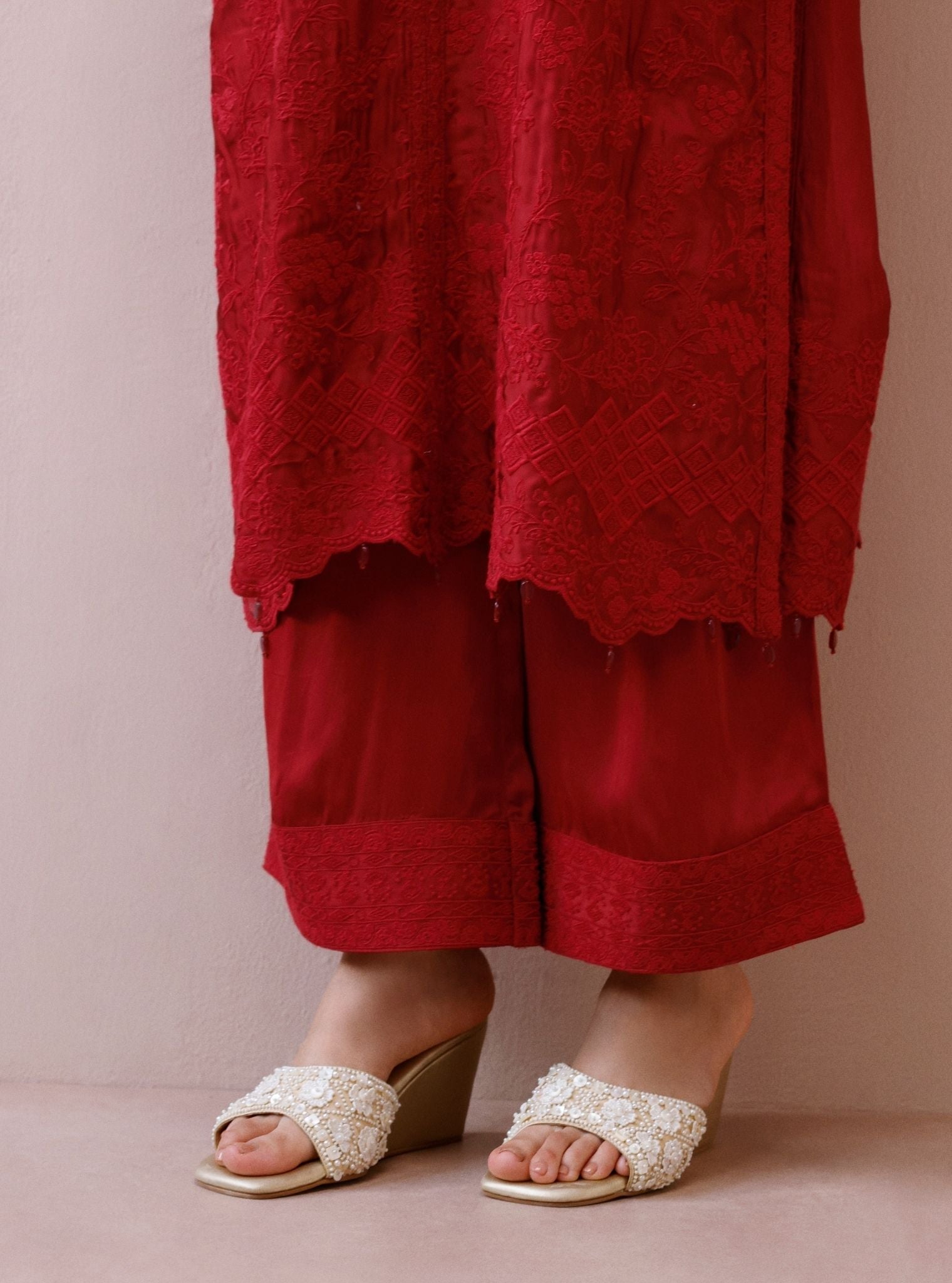 Arlette Cupro Satin Red Long Kaftan Set
