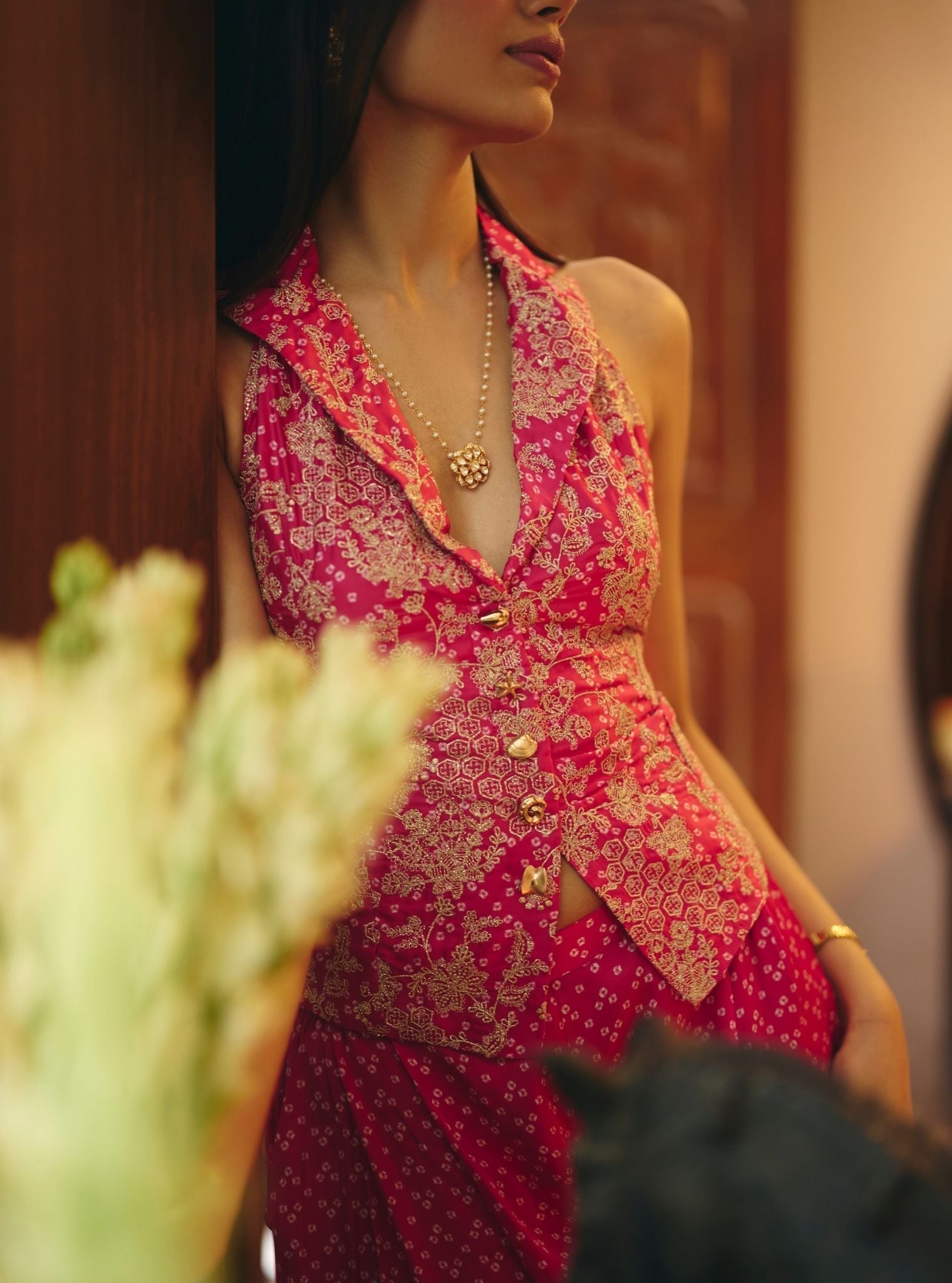 Kuhu Cupro Satin Printed Fuchsia Waistcoat with Wide Pleated Pants