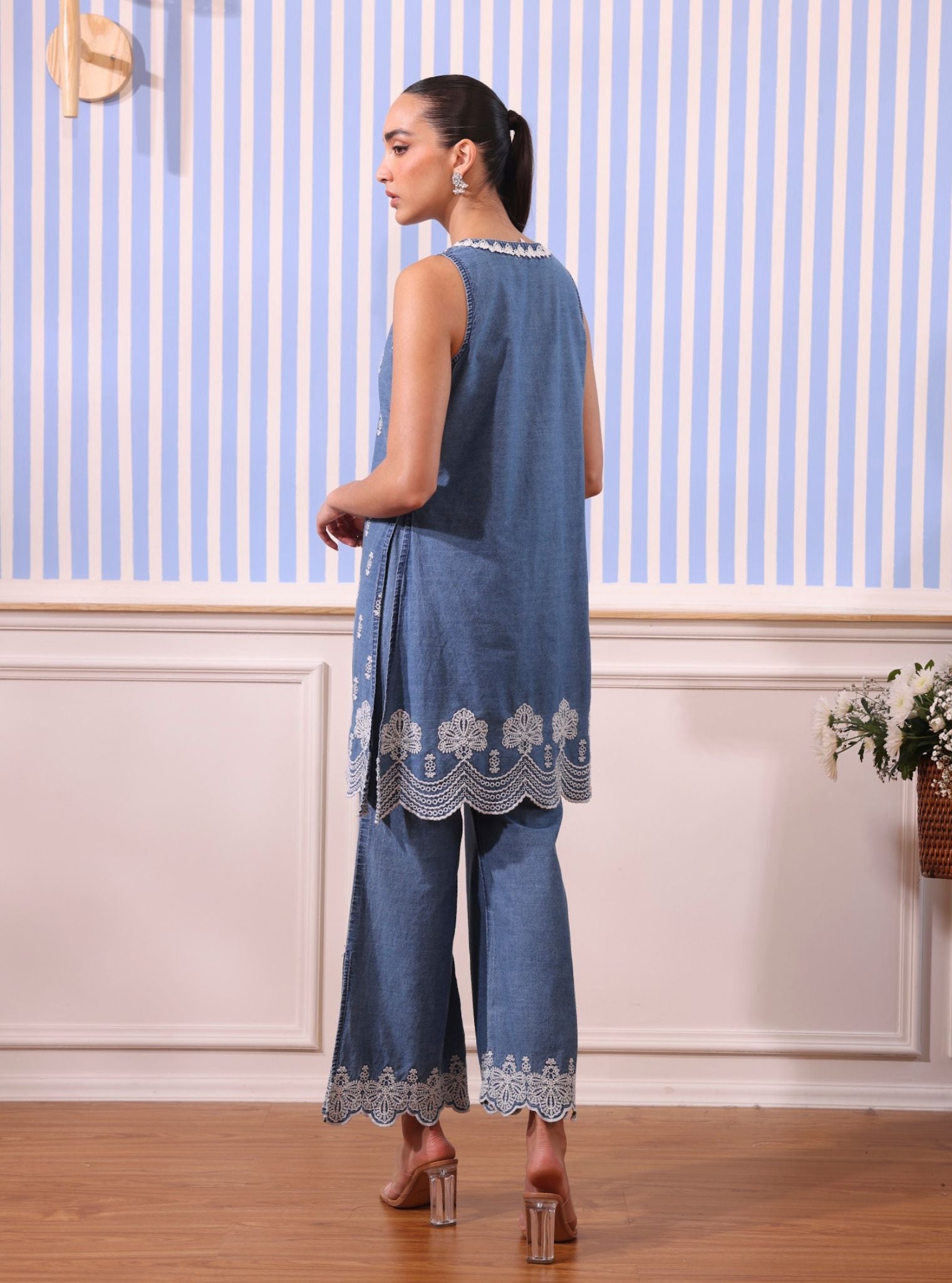 Mulmul Dante Denim Kurta With Mulmul Dante Denim Pant
