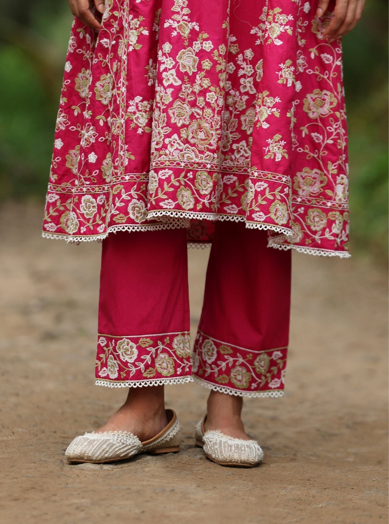 Mulmul Cotton Aavya Fuschia Anarkali Kurta With Mulmul Cotton Aavya Fuschia Pant