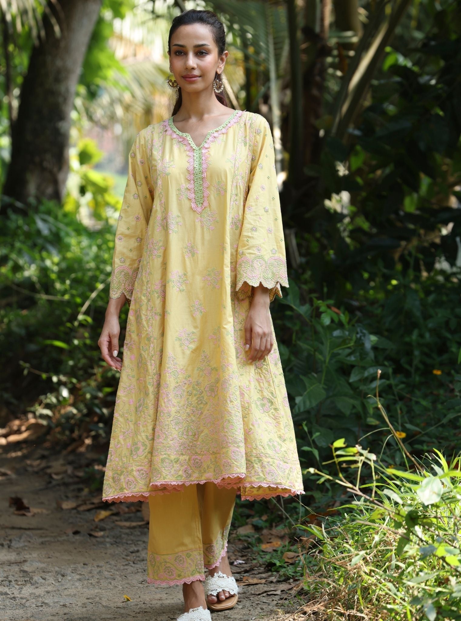 Mulmul Cotton Aavya Yellow Anarkali Kurta With Mulmul Cotton Aavya Yellow Pant