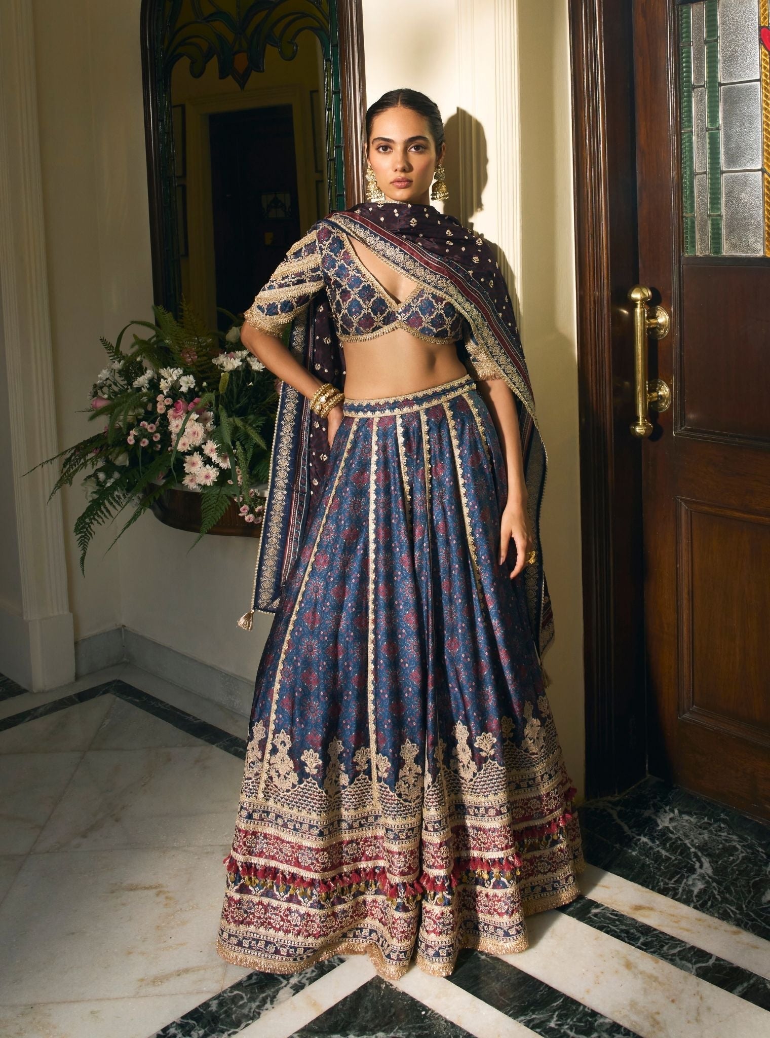 Taal Cupro Satin Navy Ajrakh Print Lehenga