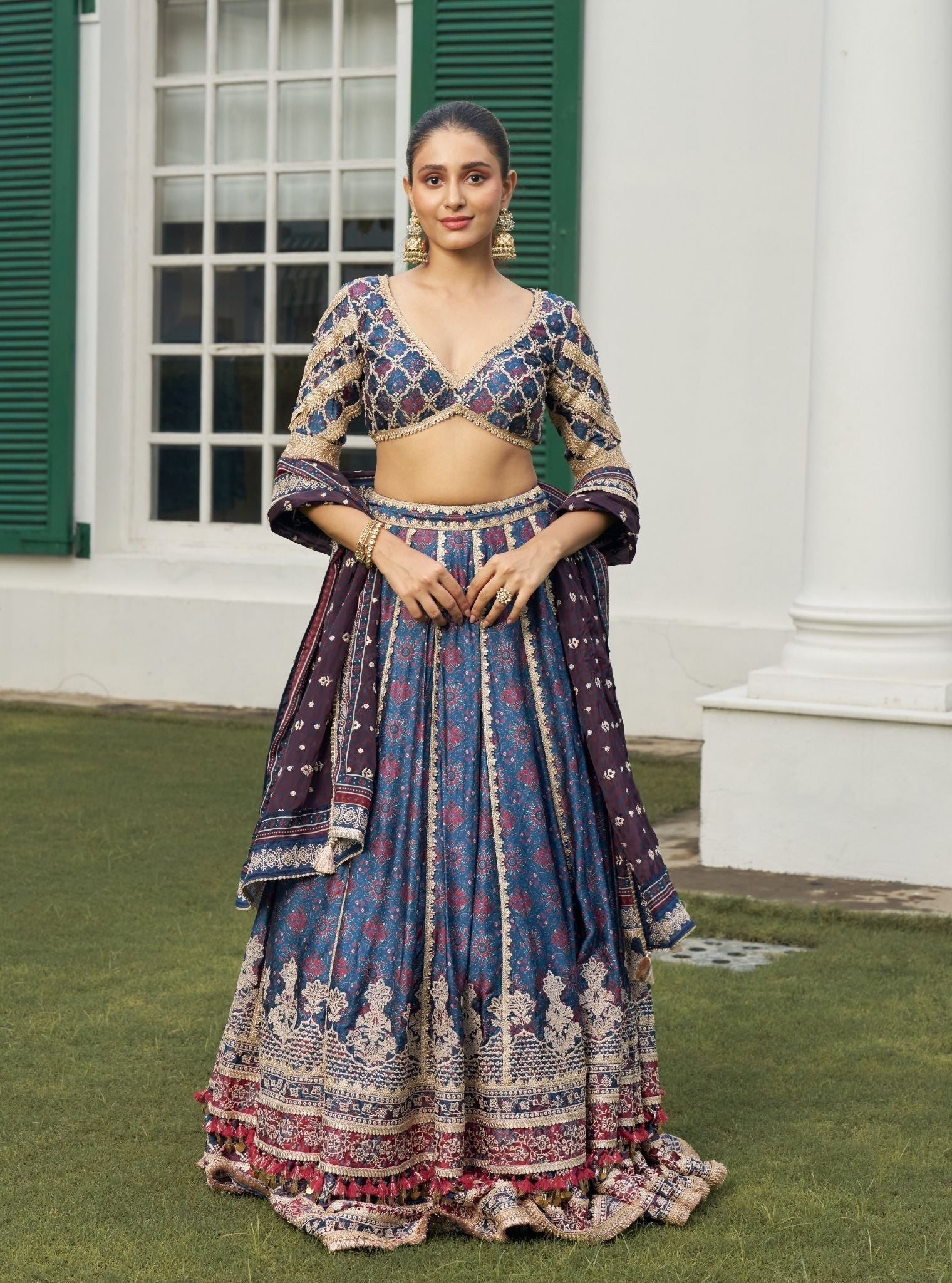 Taal Cupro Satin Navy Ajrakh Print Lehenga