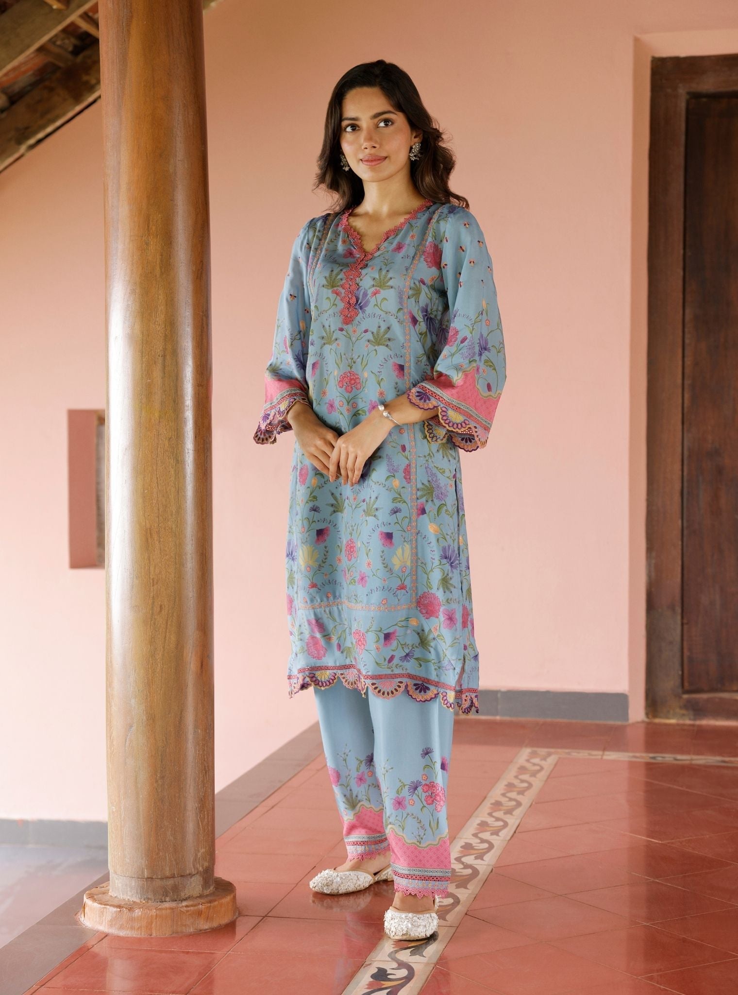 Mulmul Lawn Printed Alya Denim Kurta With Mulmul Lawn Printed Alya Off Denim Pant