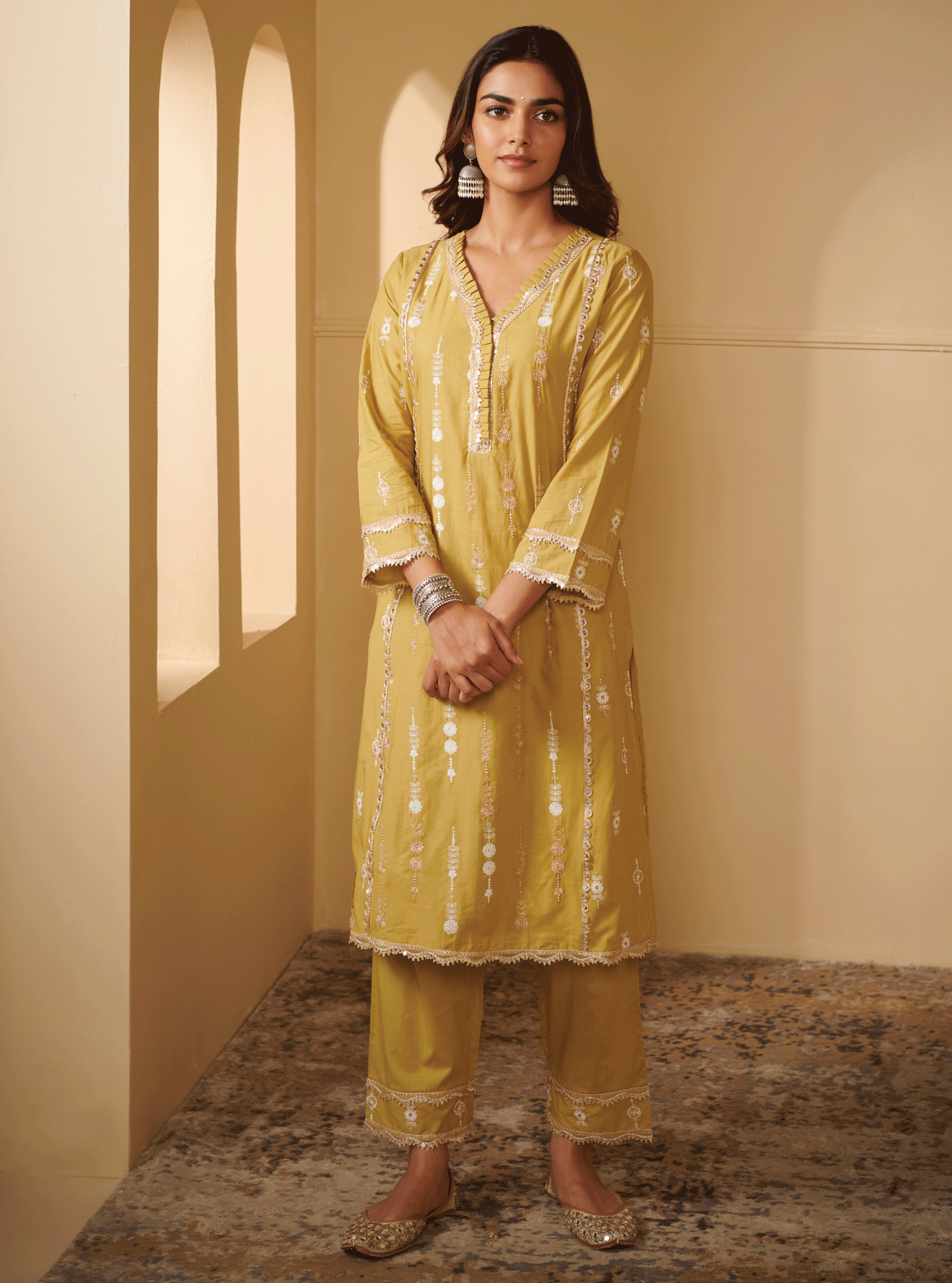 Mulmul Cotton Beki Green Kurta With Beki Green Pant