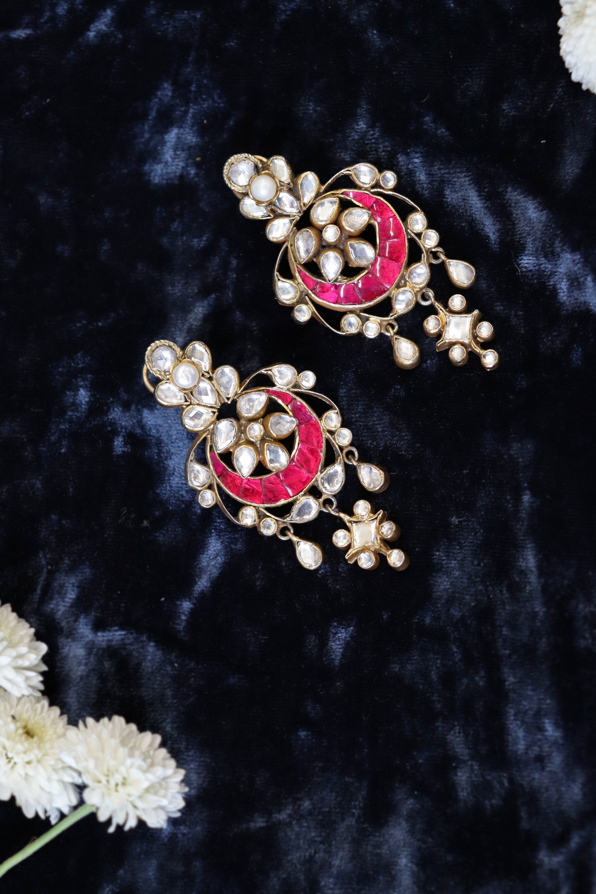 Pure Silver Floral Pink Polki Earrings