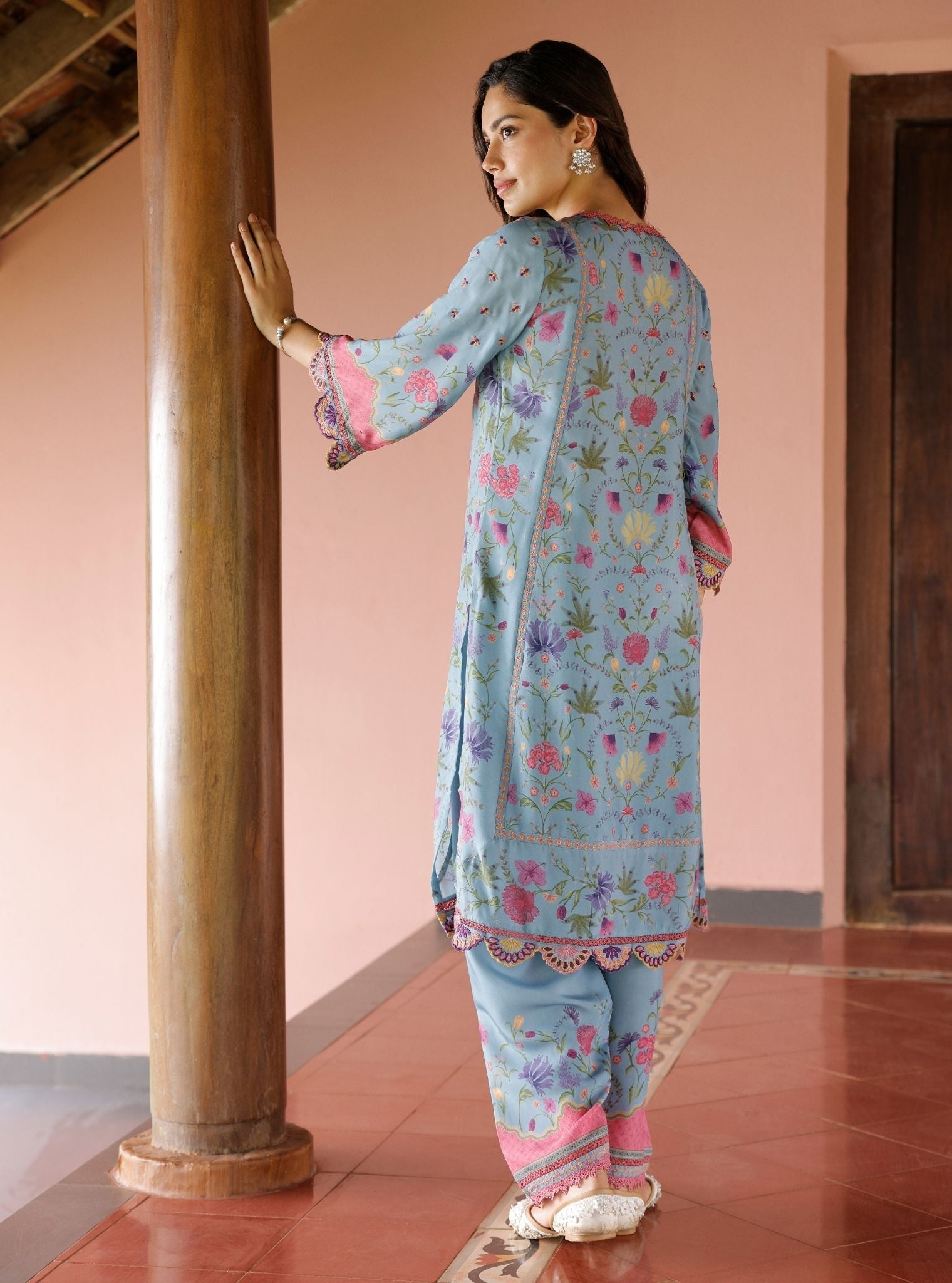 Mulmul Lawn Printed Alya Denim Kurta With Mulmul Lawn Printed Alya Off Denim Pant