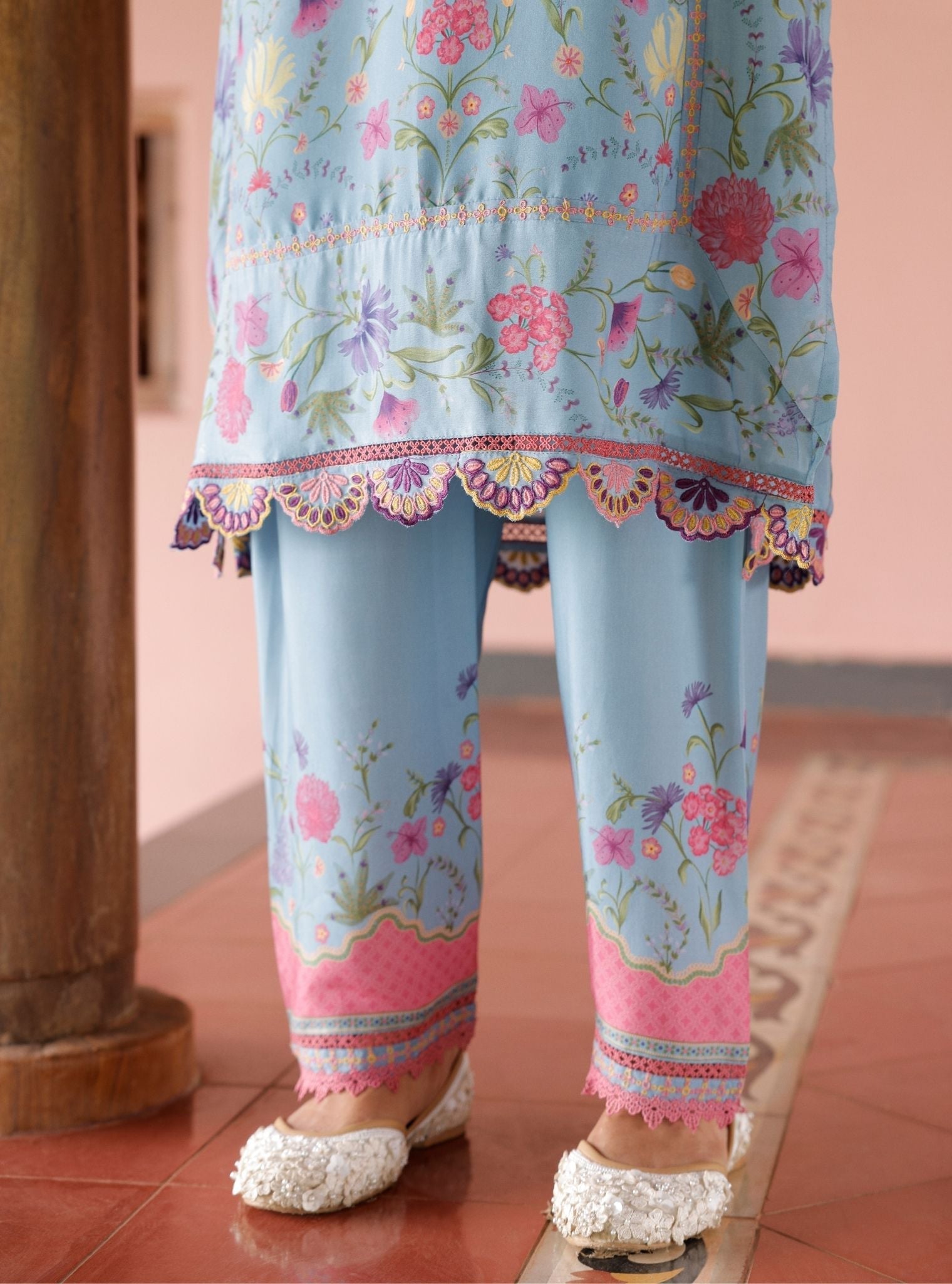 Mulmul Lawn Printed Alya Denim Kurta With Mulmul Lawn Printed Alya Off Denim Pant