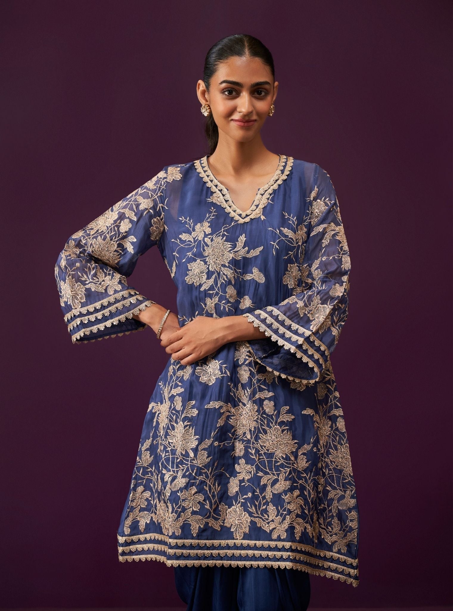 Mulmul Organza Sunee Navy Kurta With Mulmul Cupro Satin Sunee Navy Salwar