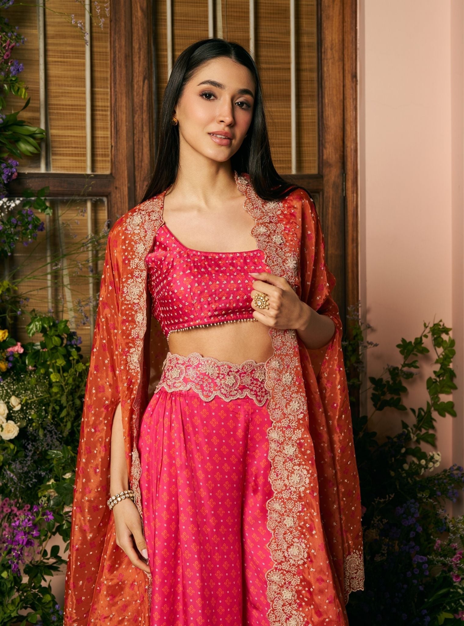 Mali Glass Organza Fuchsia Pant Set With Cape