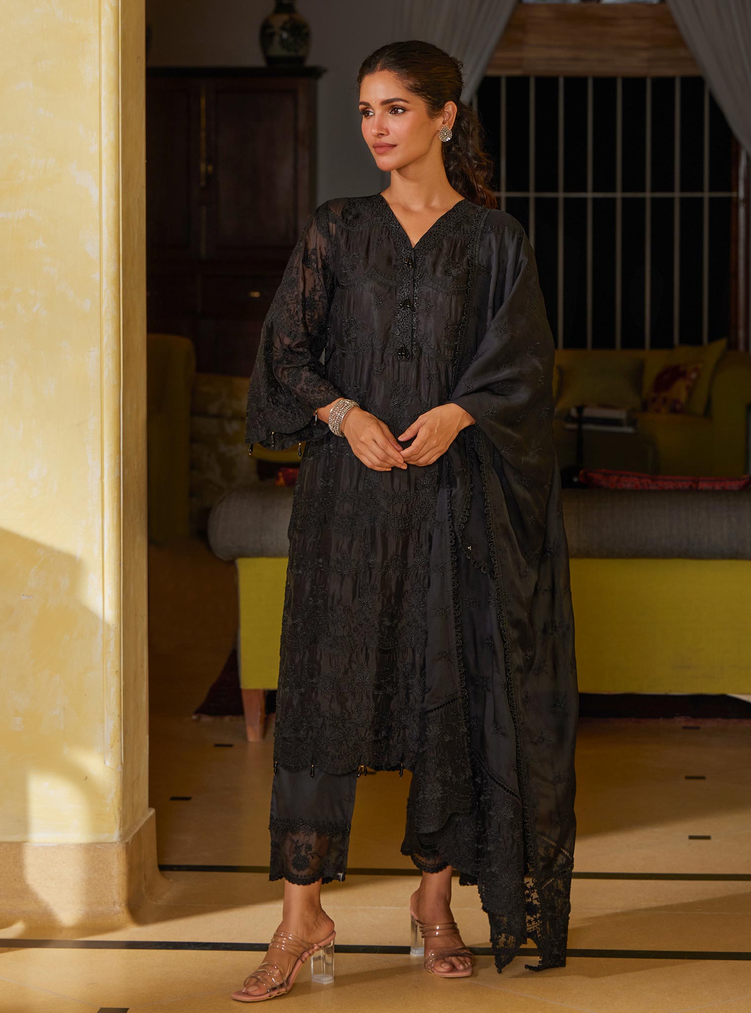 Mulmul Organza Ivati Black Kurta with Mulmul Pima Ivati Black Pant