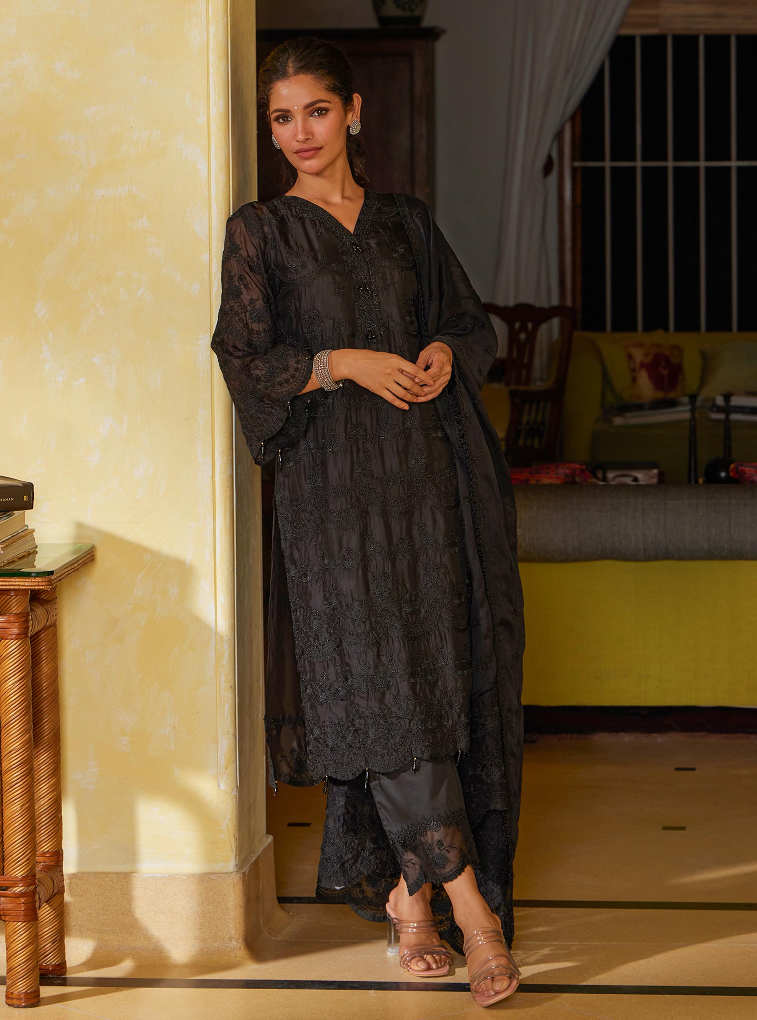 Mulmul Organza Sunee Navy Kurta With Mulmul Cupro Satin Sunee Navy Salwar