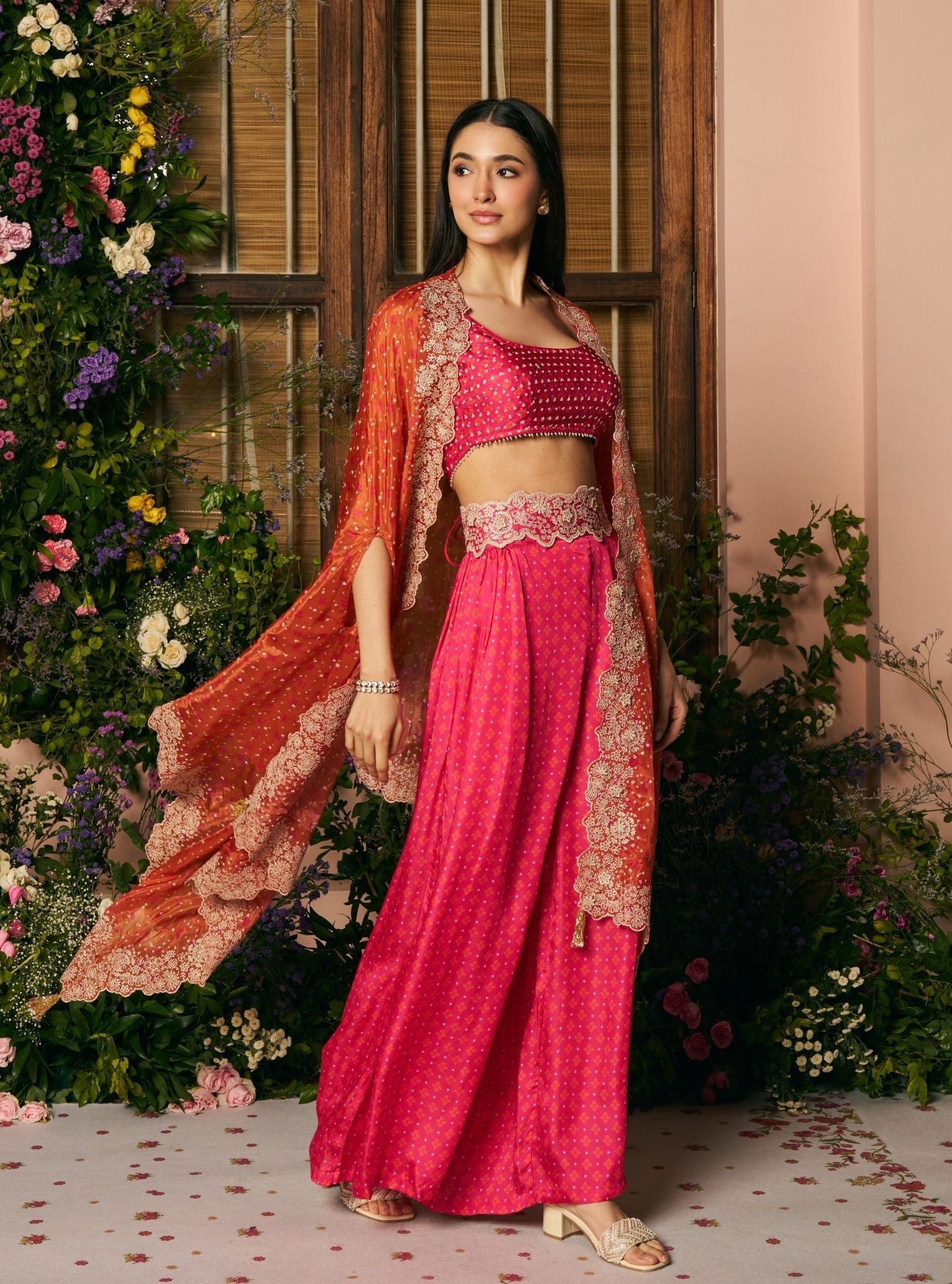 Mali Glass Organza Fuchsia Pant Set With Cape