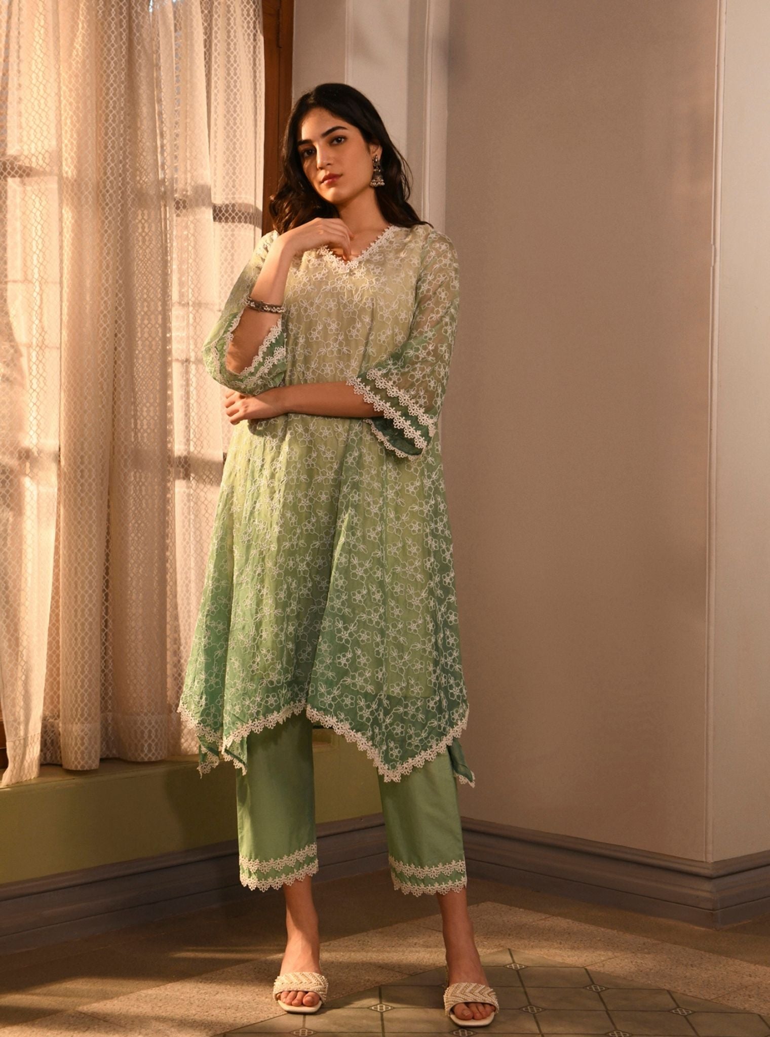 Mulmul Organza Edna Green Kurta With Mulmul Cotton Edna Green Pant