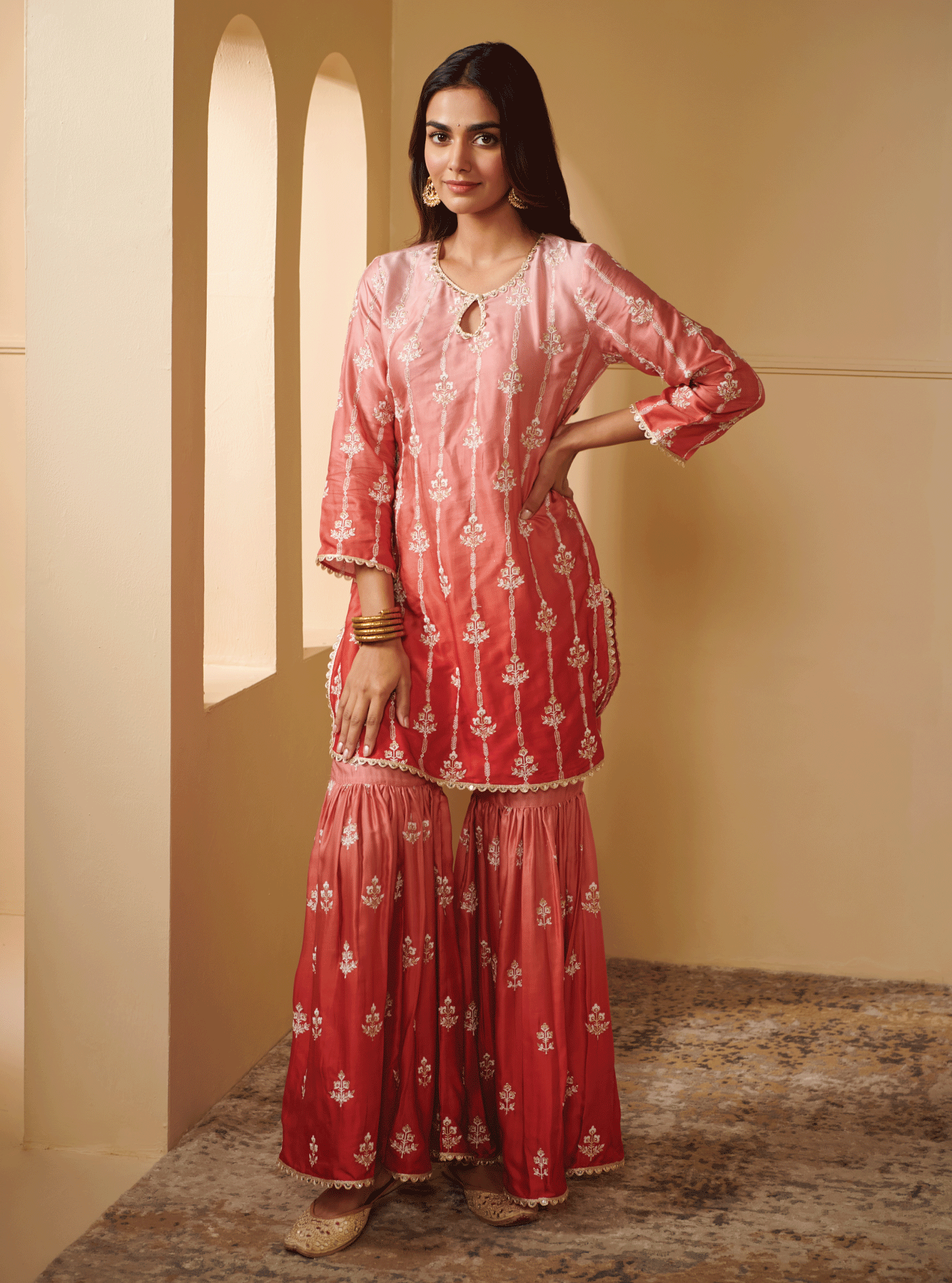 Mulmul Cupro Silk Nurvi Pink Kurta With Nurvi Pink Garara