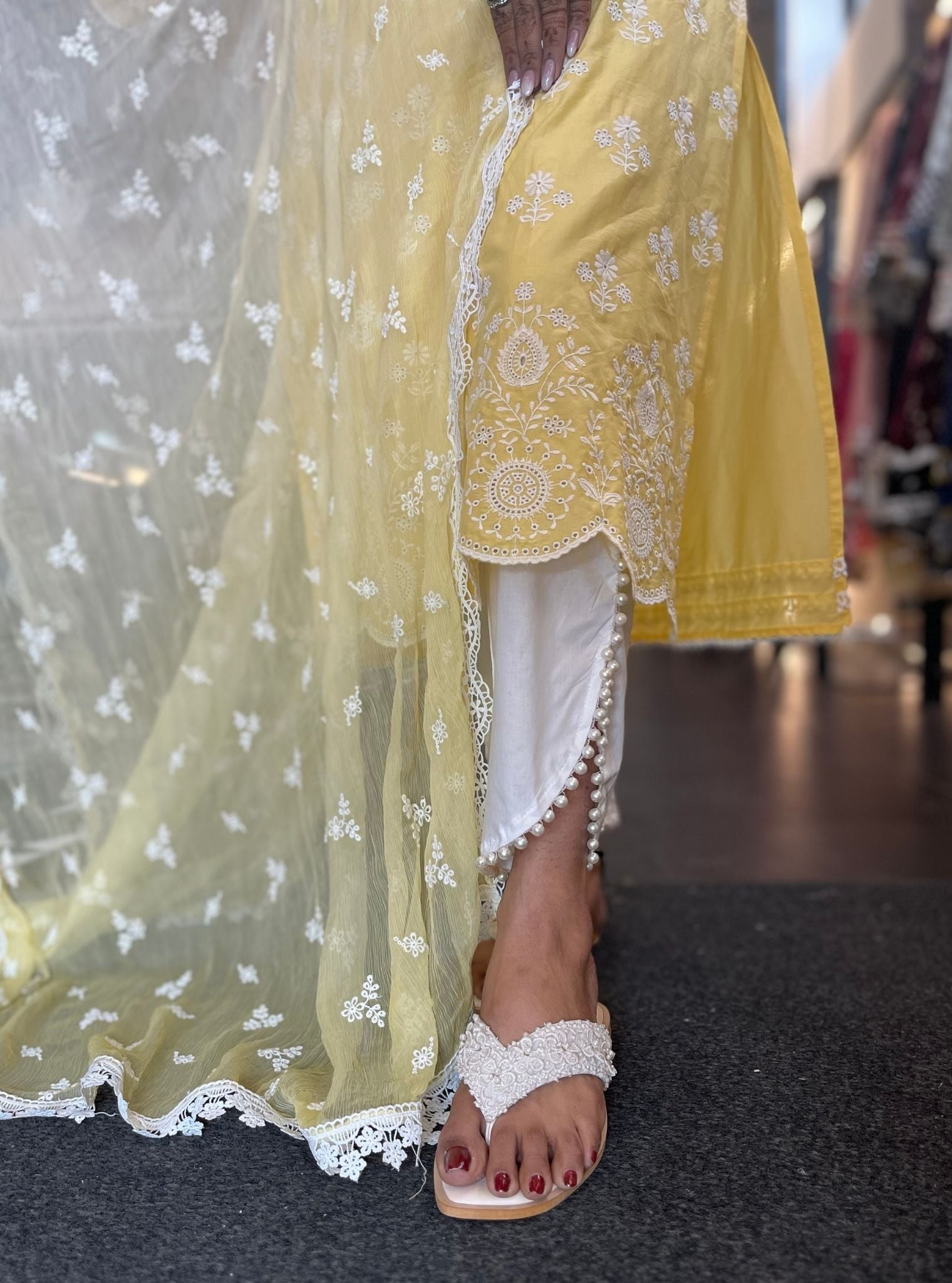 Mulmul Cotton Arpora Yellow Kurta With Mulmul Cotton Kriya White Pant