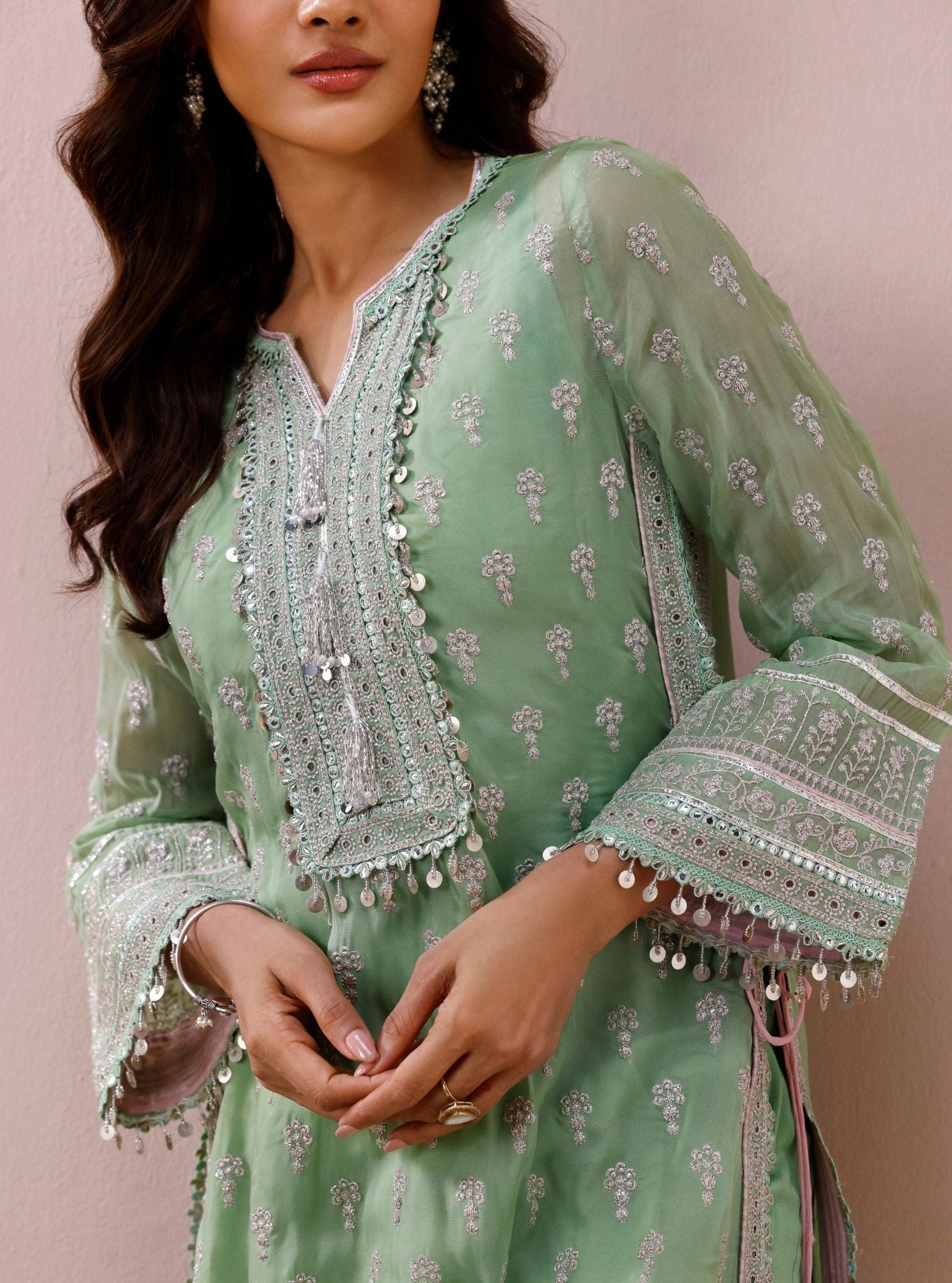 Mevi Organza Pista Green Long Kurta Set