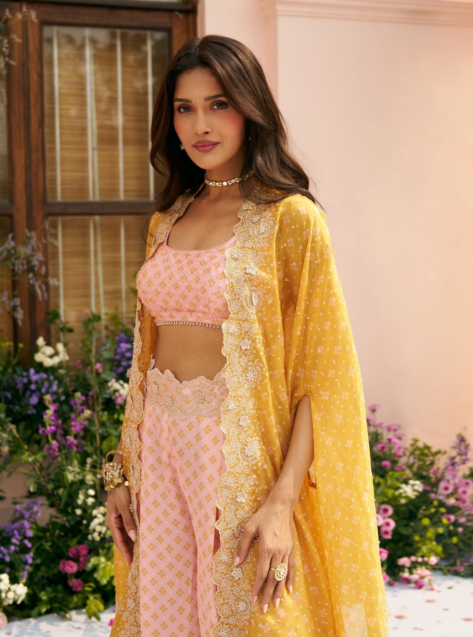 Mali Glass Organza Pink Pant Set With Cape