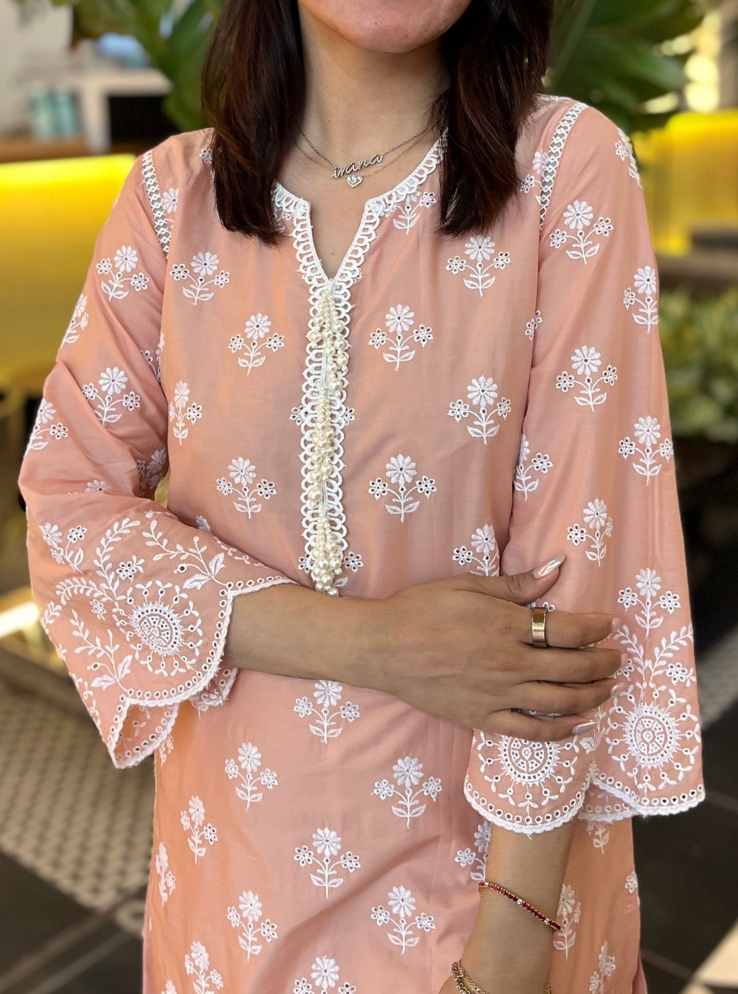 Arpora Supima Cotton Peach Kurta With Floral Ladder Slim Pant